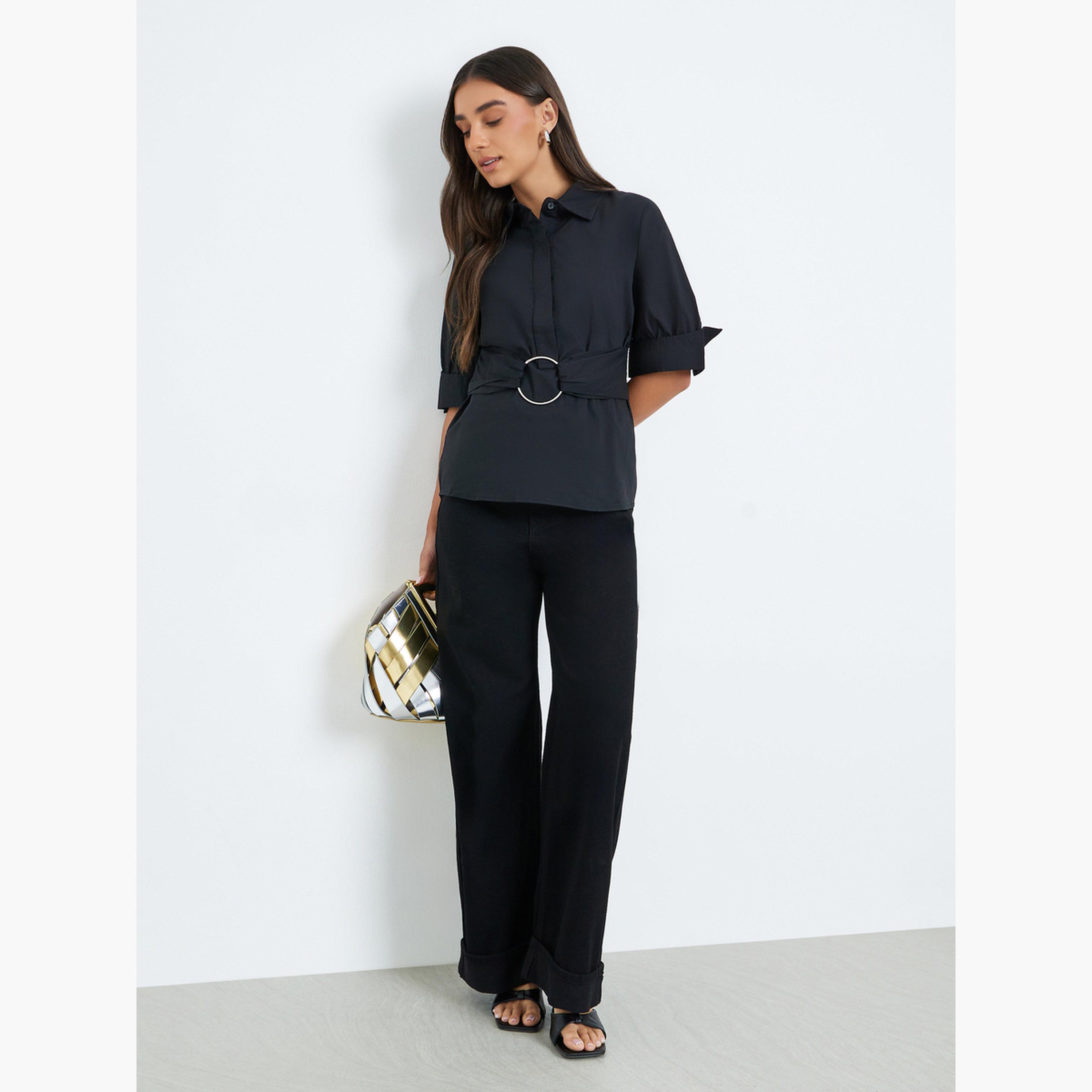 Styli Women Black Belted Short Sleeve Blouse-women-clothing-shirtsandblouses-blouses-image-2