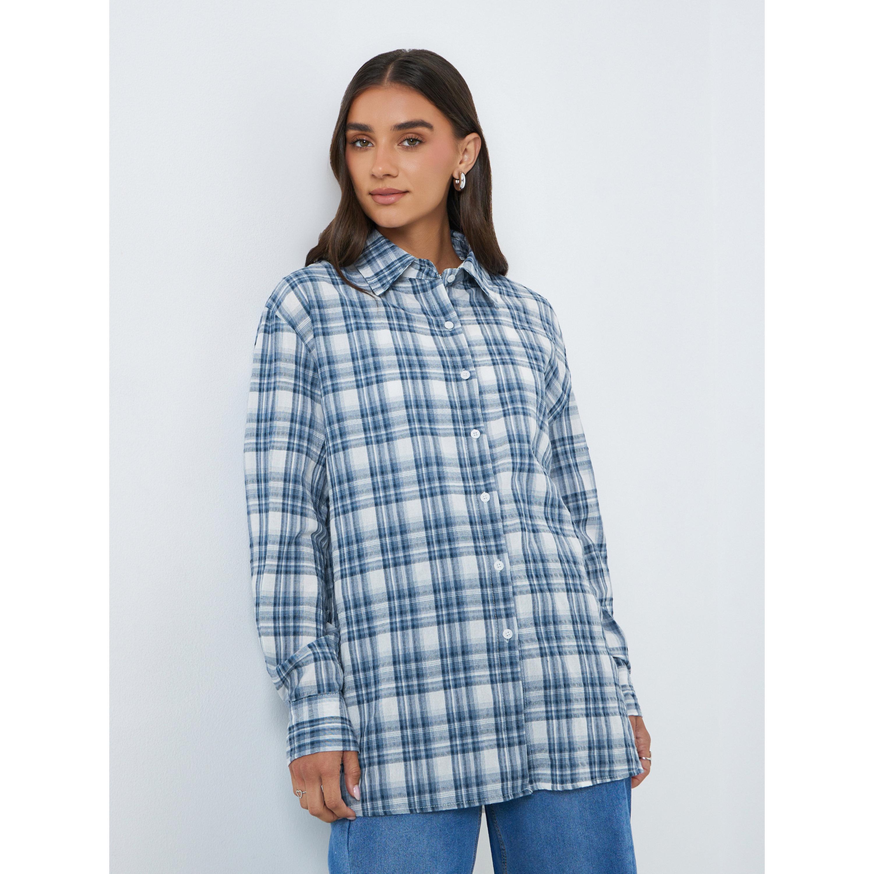 Styli Women Blue Checkered Long Sleeve Oversized Shirt-women-clothing-shirtsandblouses-shirts-image-1