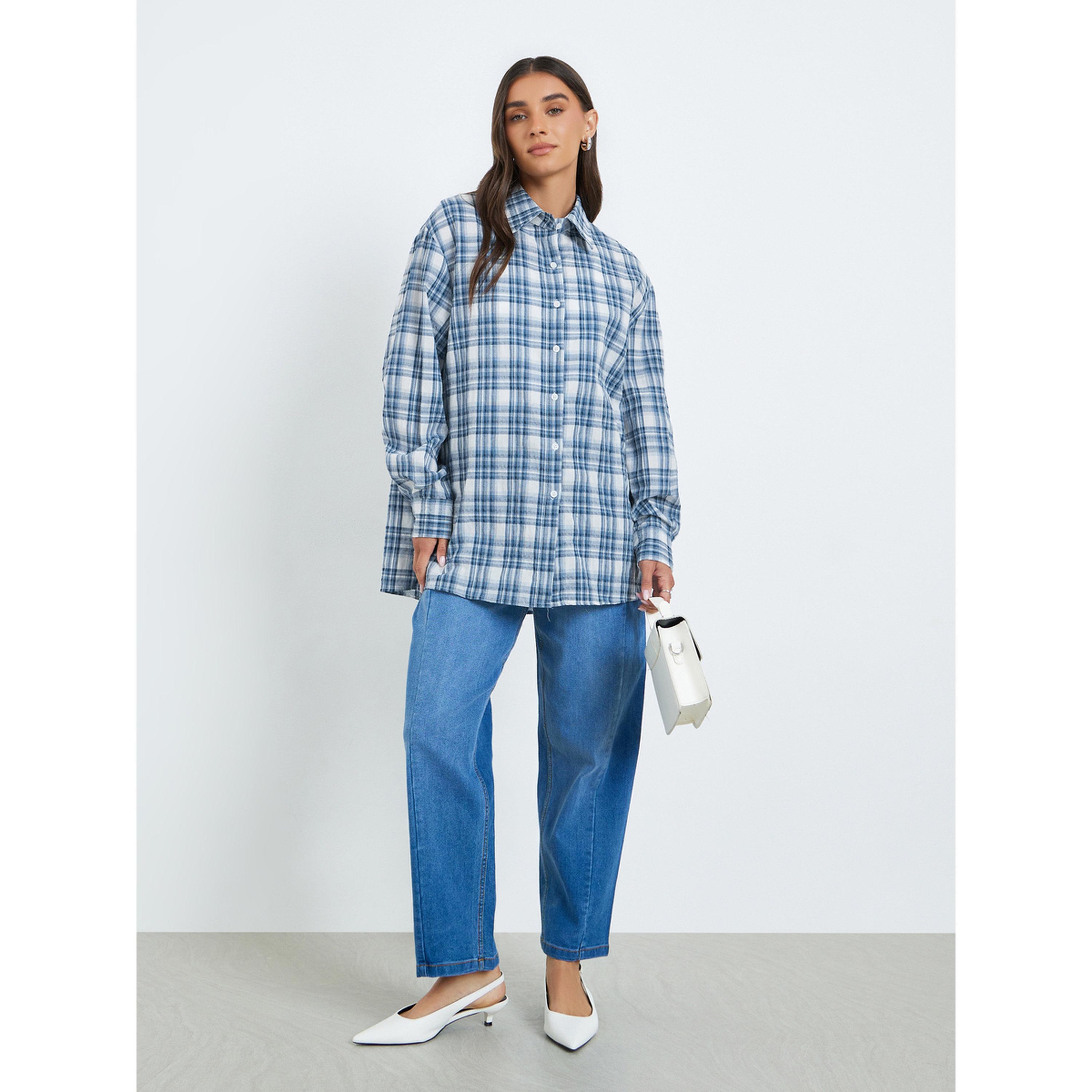 Styli Women Blue Checkered Long Sleeve Oversized Shirt-women-clothing-shirtsandblouses-shirts-image-2