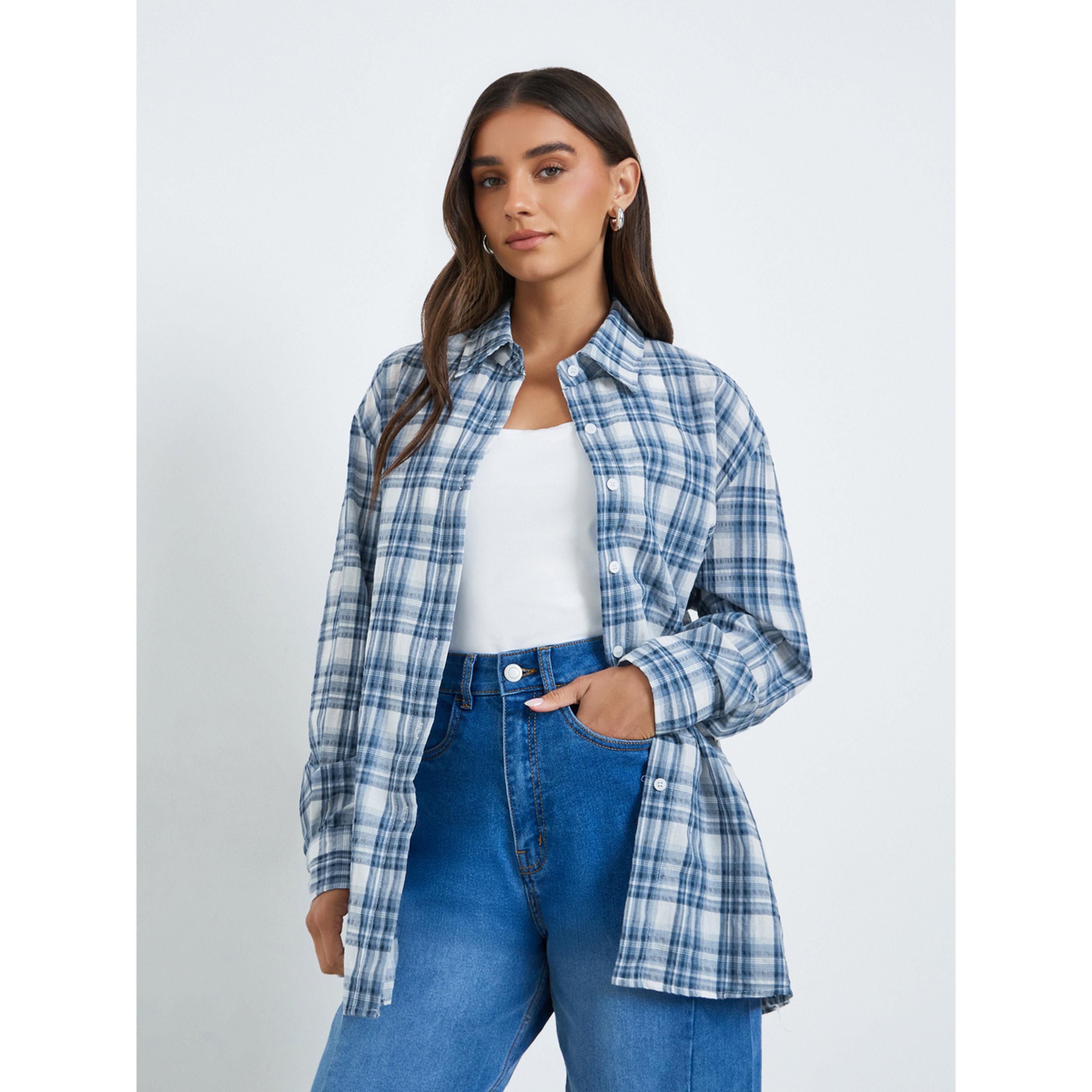 بلوزة واسعة بأكمام طويلة ونمط مربعات-women-clothing-shirtsandblouses-shirts-image-3