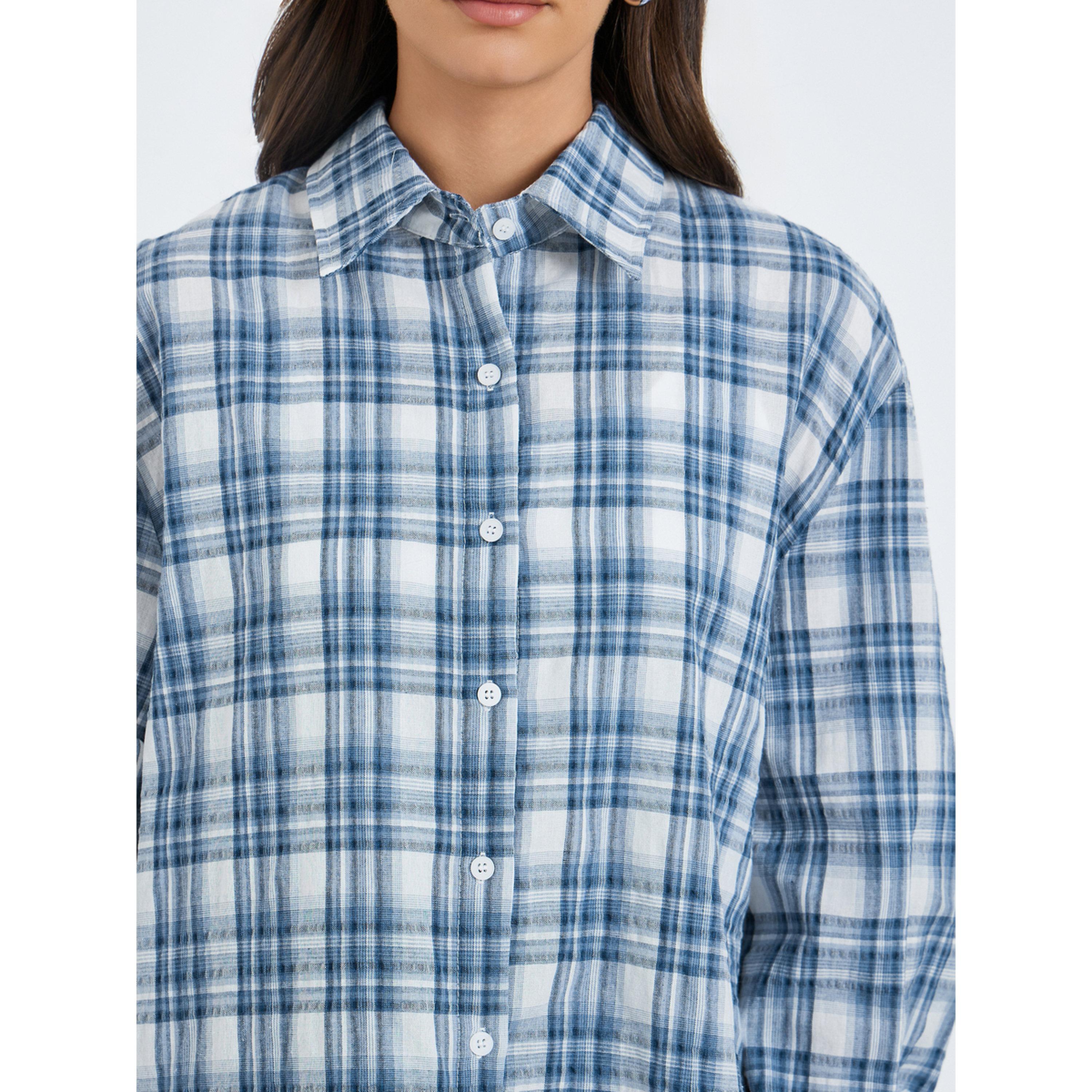 Styli Women Blue Checkered Long Sleeve Oversized Shirt-women-clothing-shirtsandblouses-shirts-image-4
