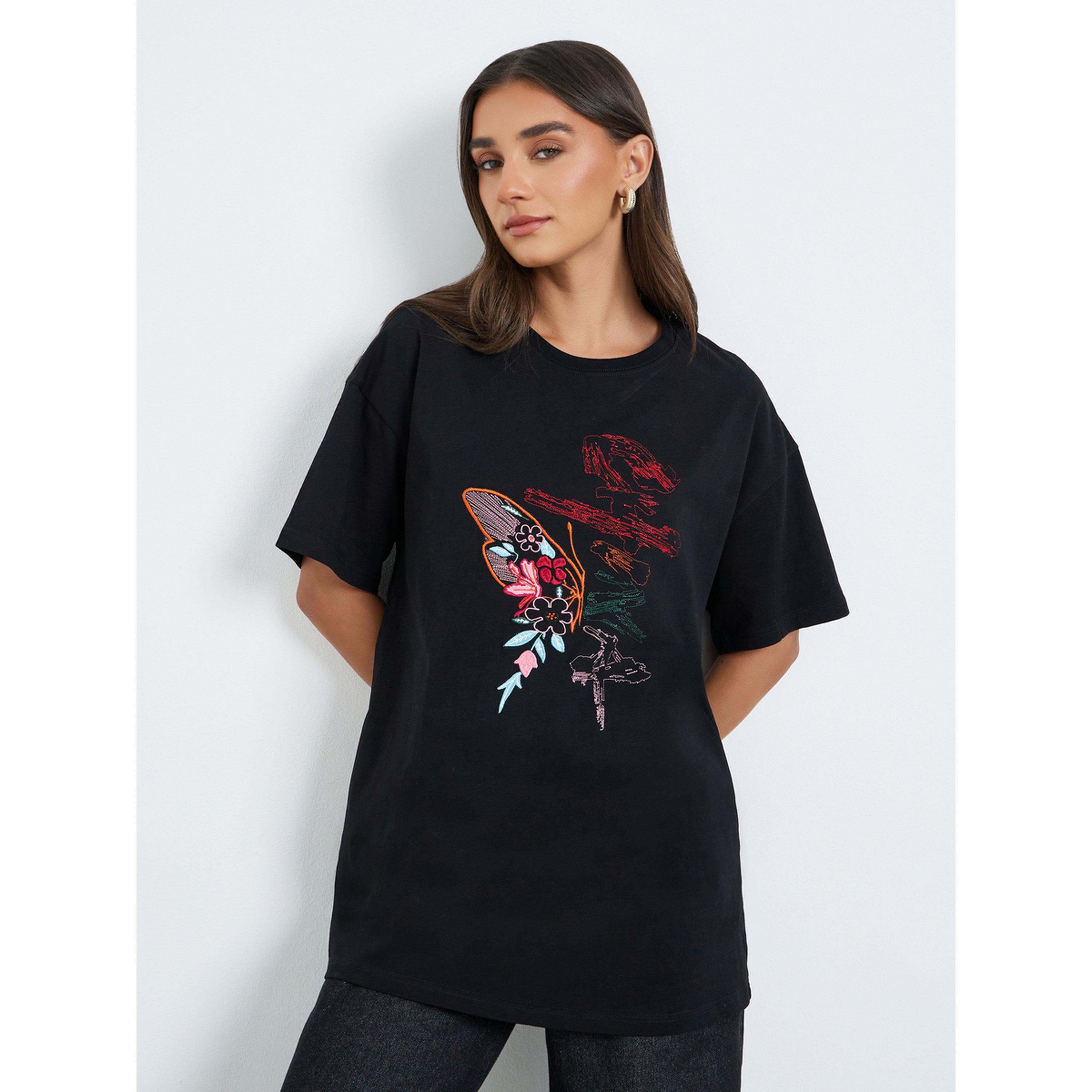 Styli Women Black Floral Embroidered Oversized T-Shirt-women-clothing-tshirts-image-1