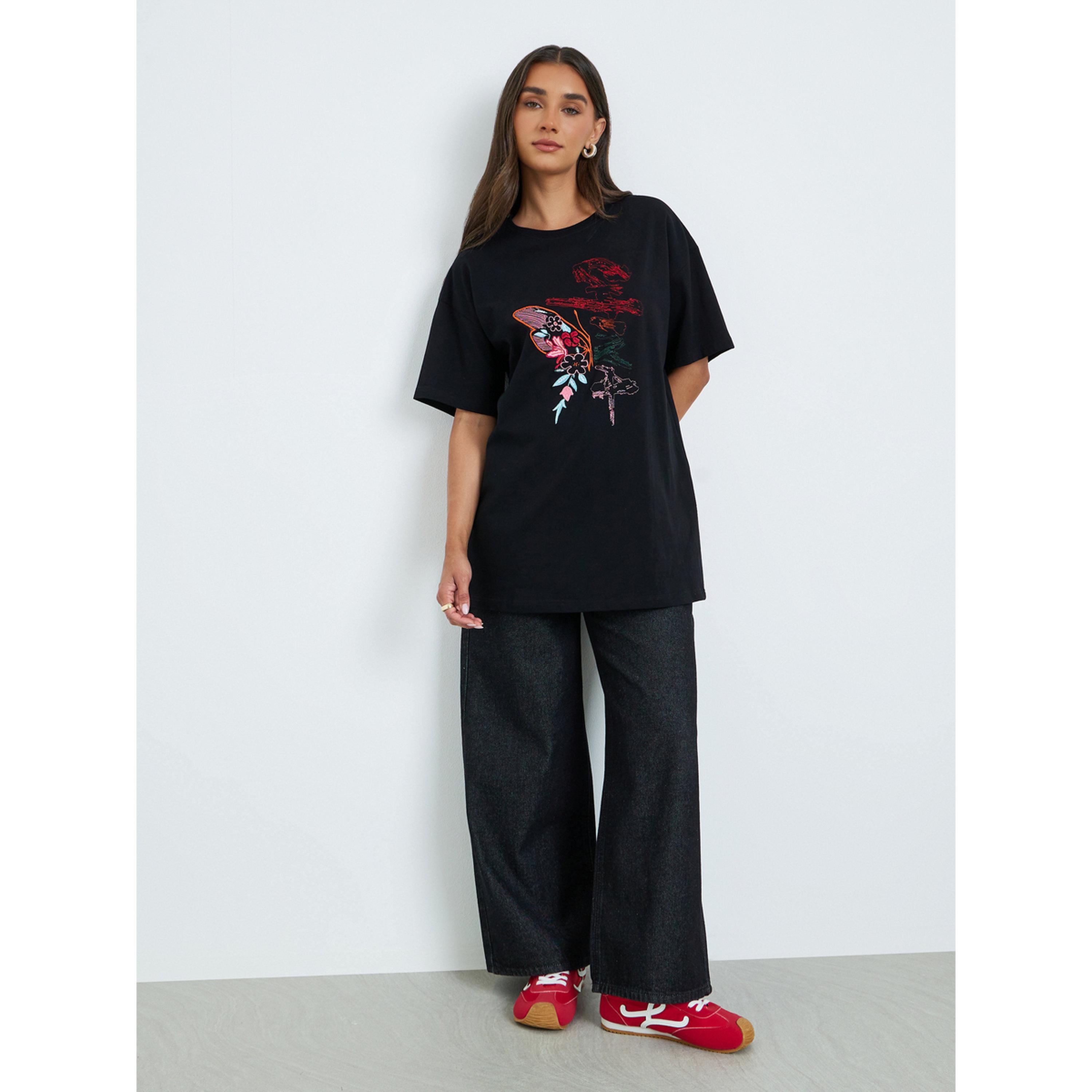 Styli Women Black Floral Embroidered Oversized T-Shirt-women-clothing-tshirts-image-2