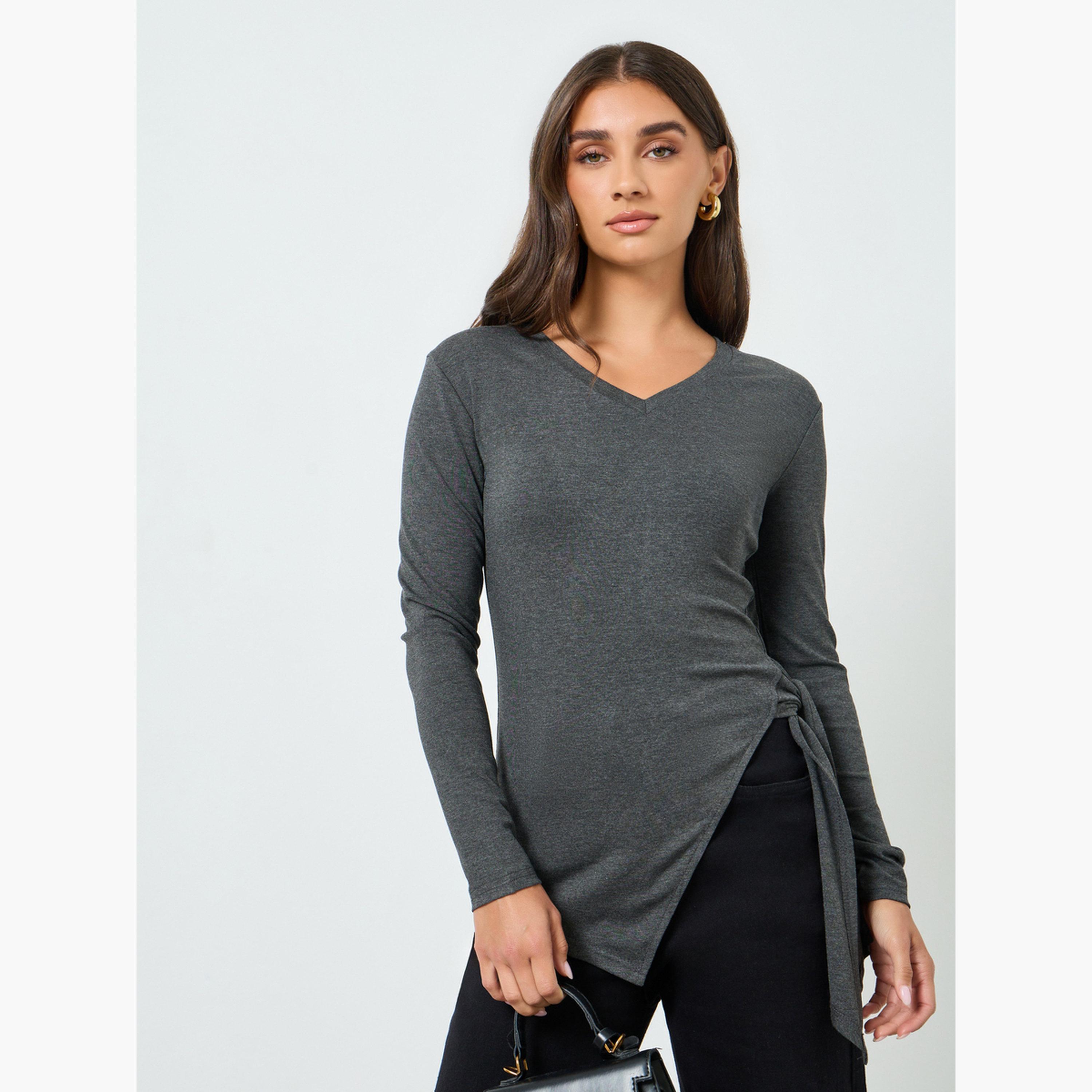 Styli Women Grey Long Sleeve Wrap Top-women-clothing-shirtsandblouses-blouses-image-1