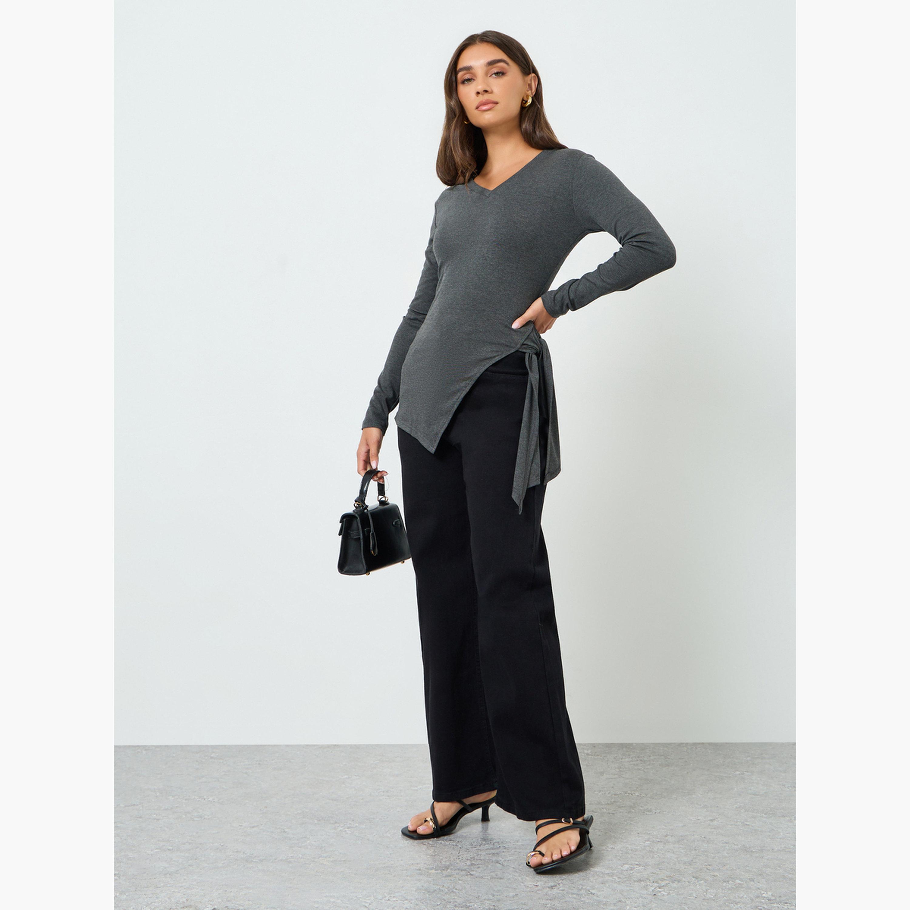 Styli Women Grey Long Sleeve Wrap Top-women-clothing-shirtsandblouses-blouses-image-2