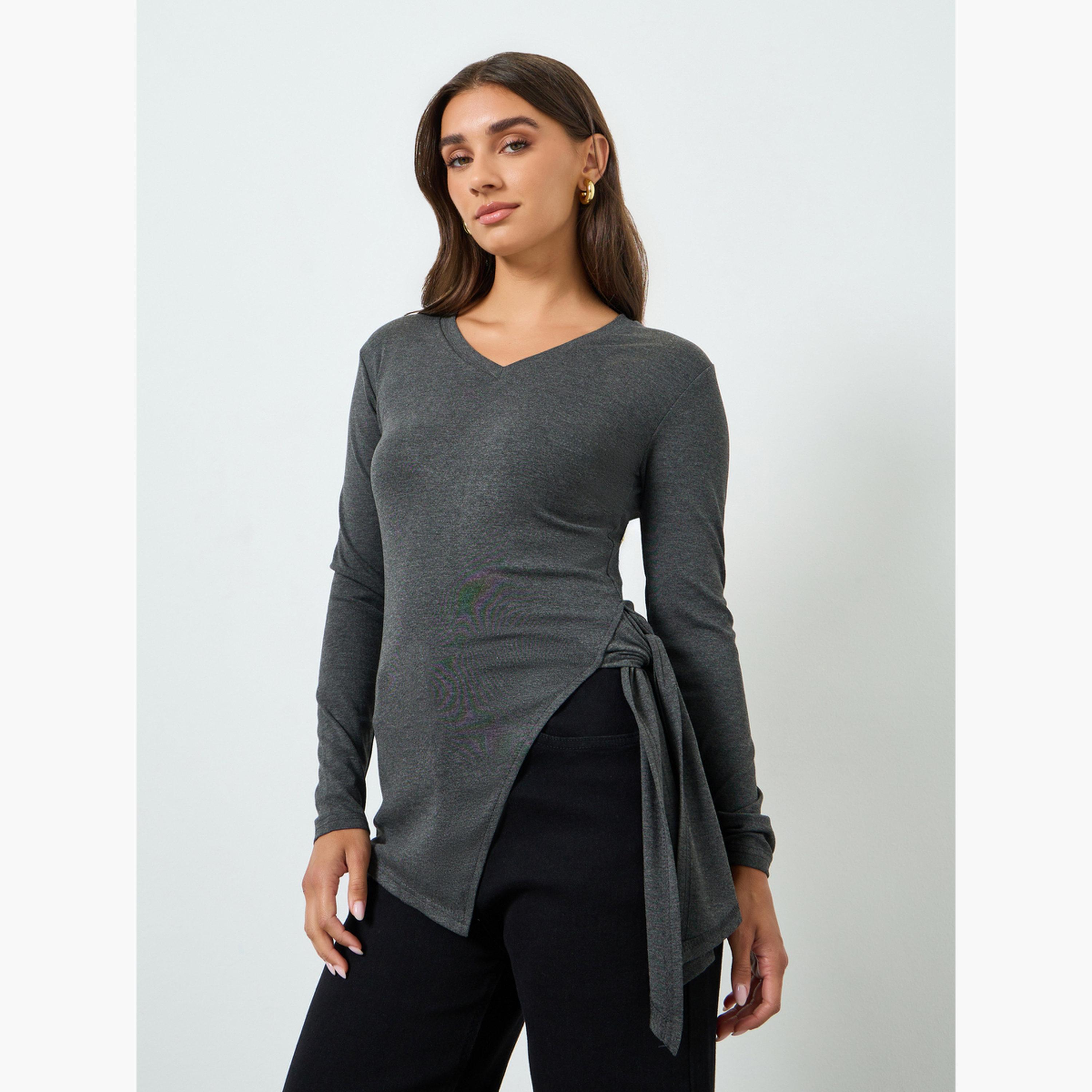 بلوزة رمادي طويل الأكمام بتصميم ملفوف-women-clothing-shirtsandblouses-blouses-image-3