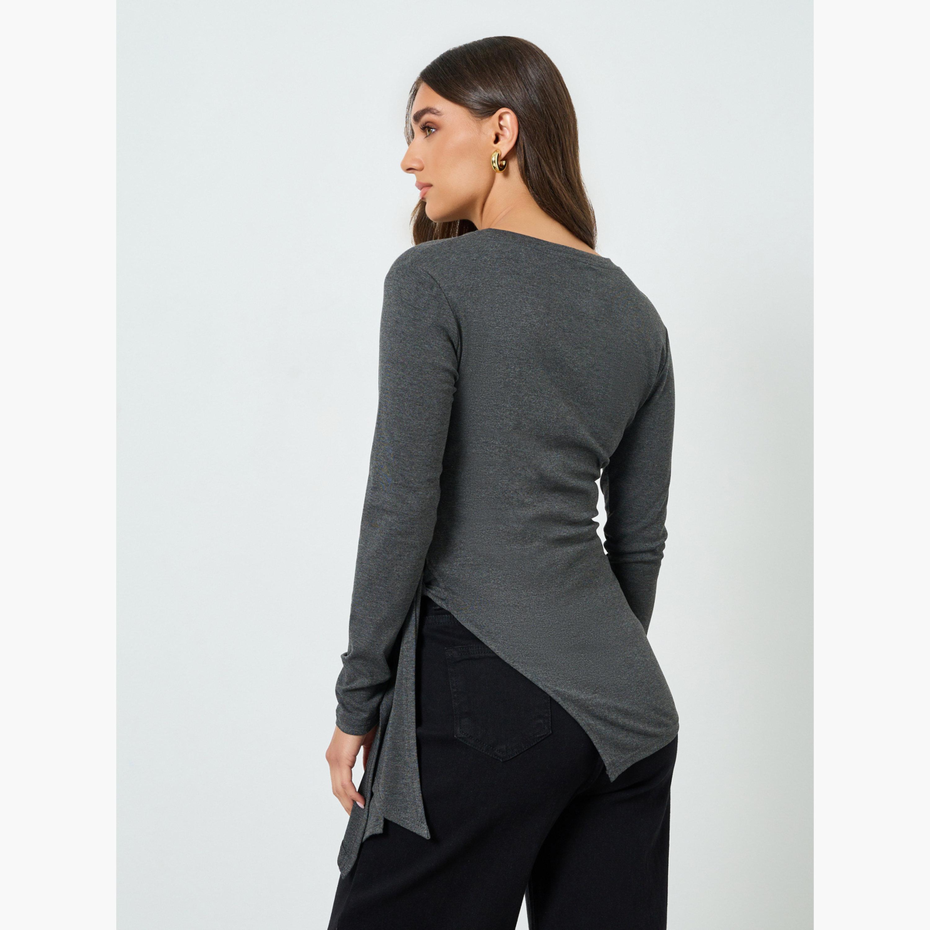 Styli Women Grey Long Sleeve Wrap Top-women-clothing-shirtsandblouses-blouses-image-5