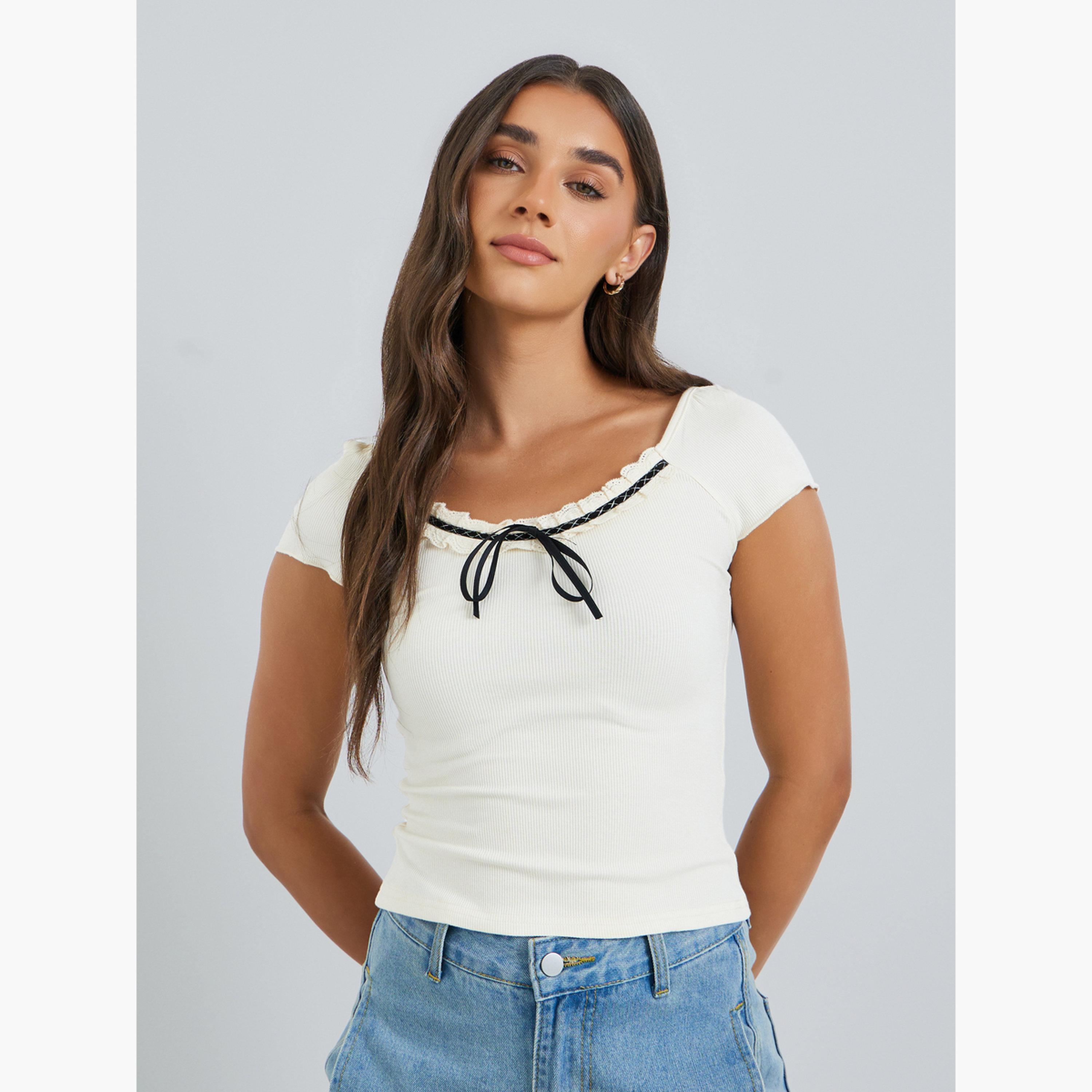 Styli Women Beige Knit Top with Black Ribbon-women-clothing-tshirts-image-1