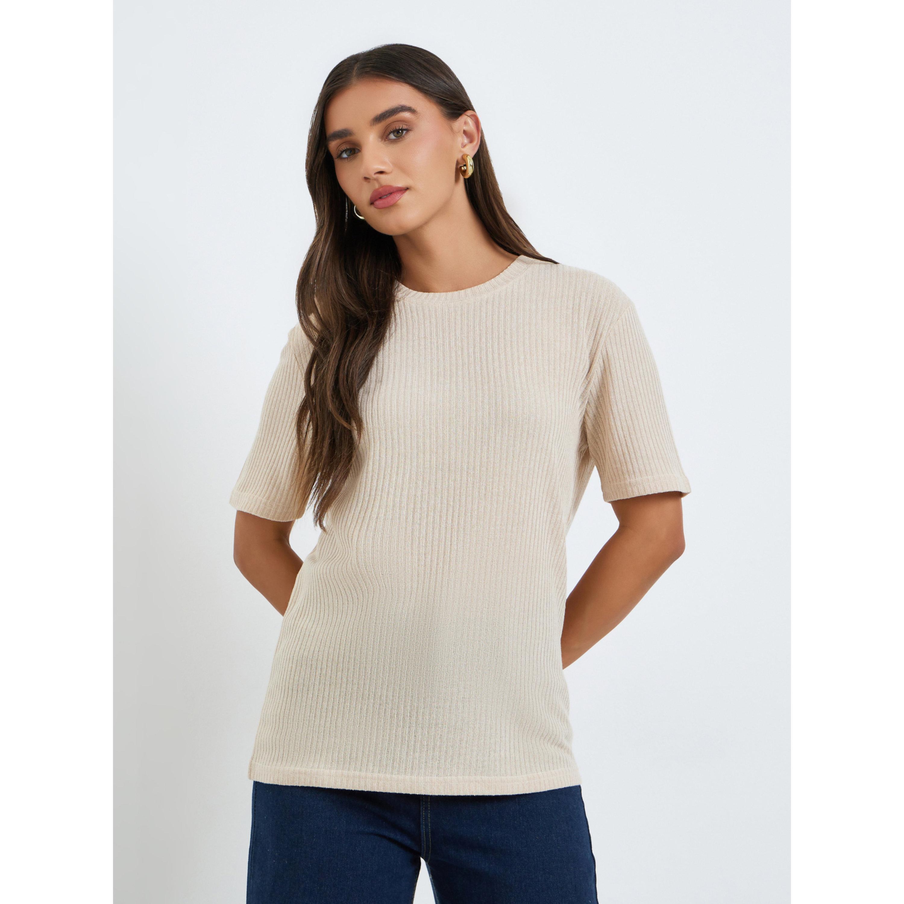 Styli Women Beige Knitted Short Sleeve T-Shirt-women-clothing-tshirts-image-1