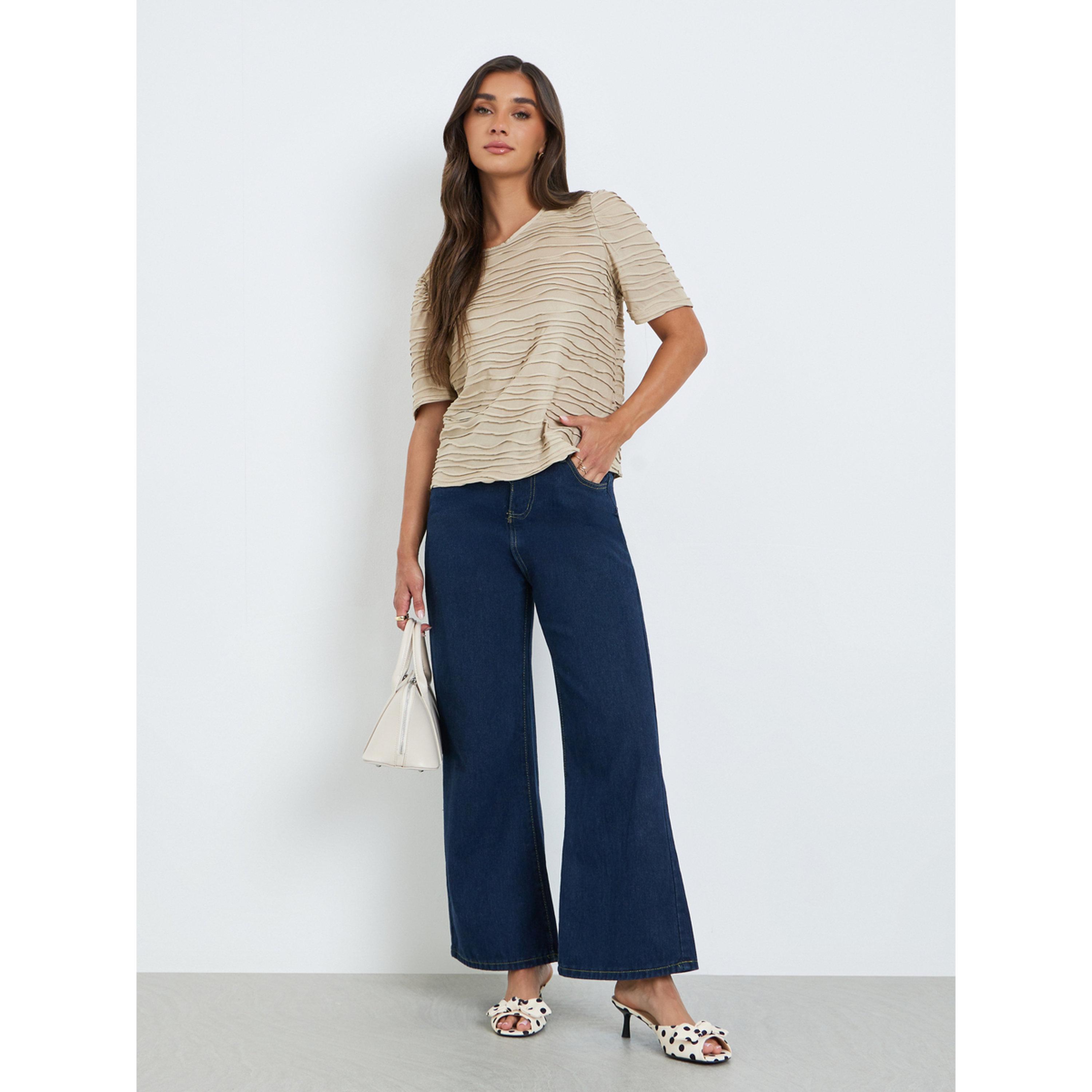 Styli Women Beige Textured Knit Short Sleeve T-Shirt-women-clothing-tshirts-image-2