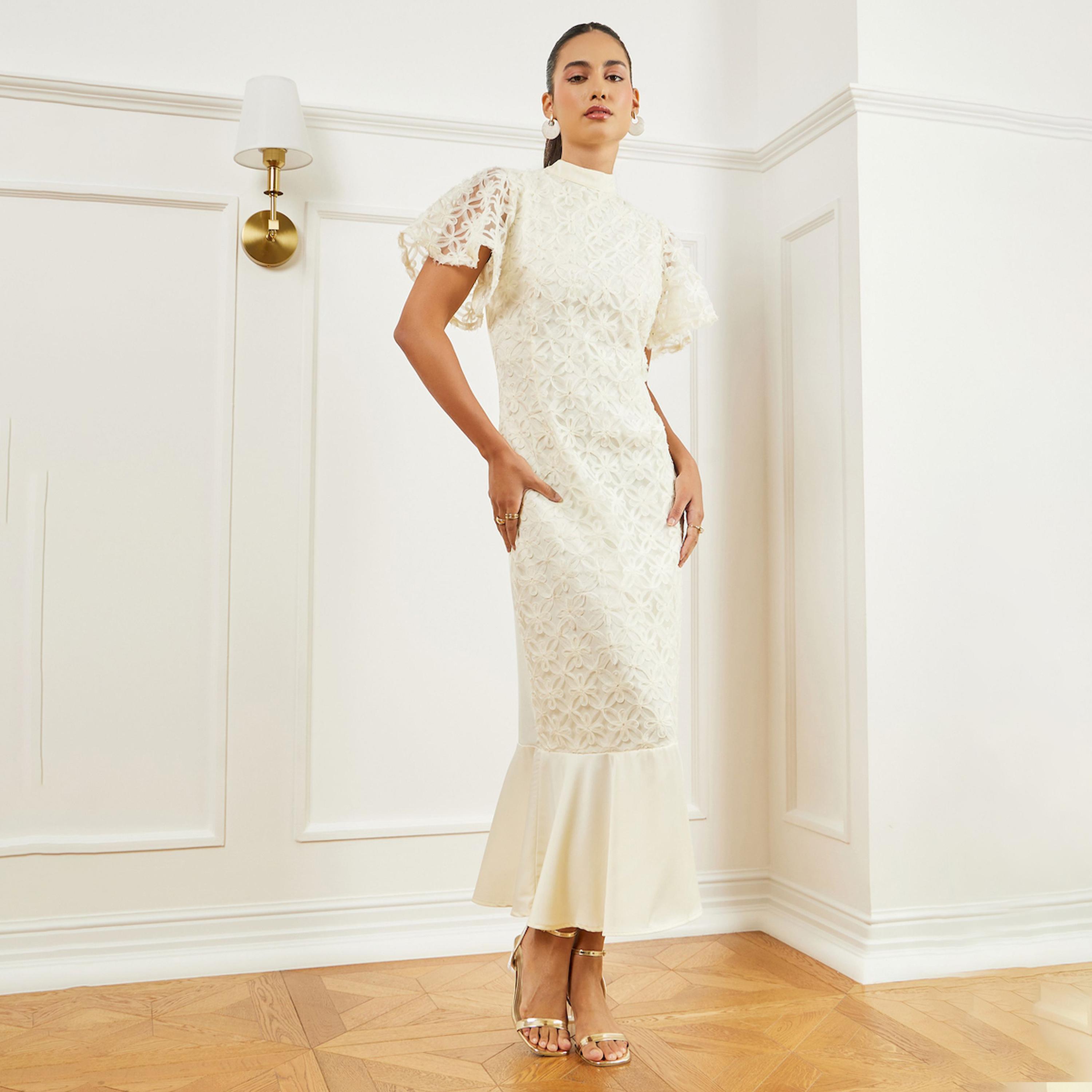 فستان ميدي دانتيل بحافة حورية البحر وأكمام قصيرة-women-clothing-dresses-image-1