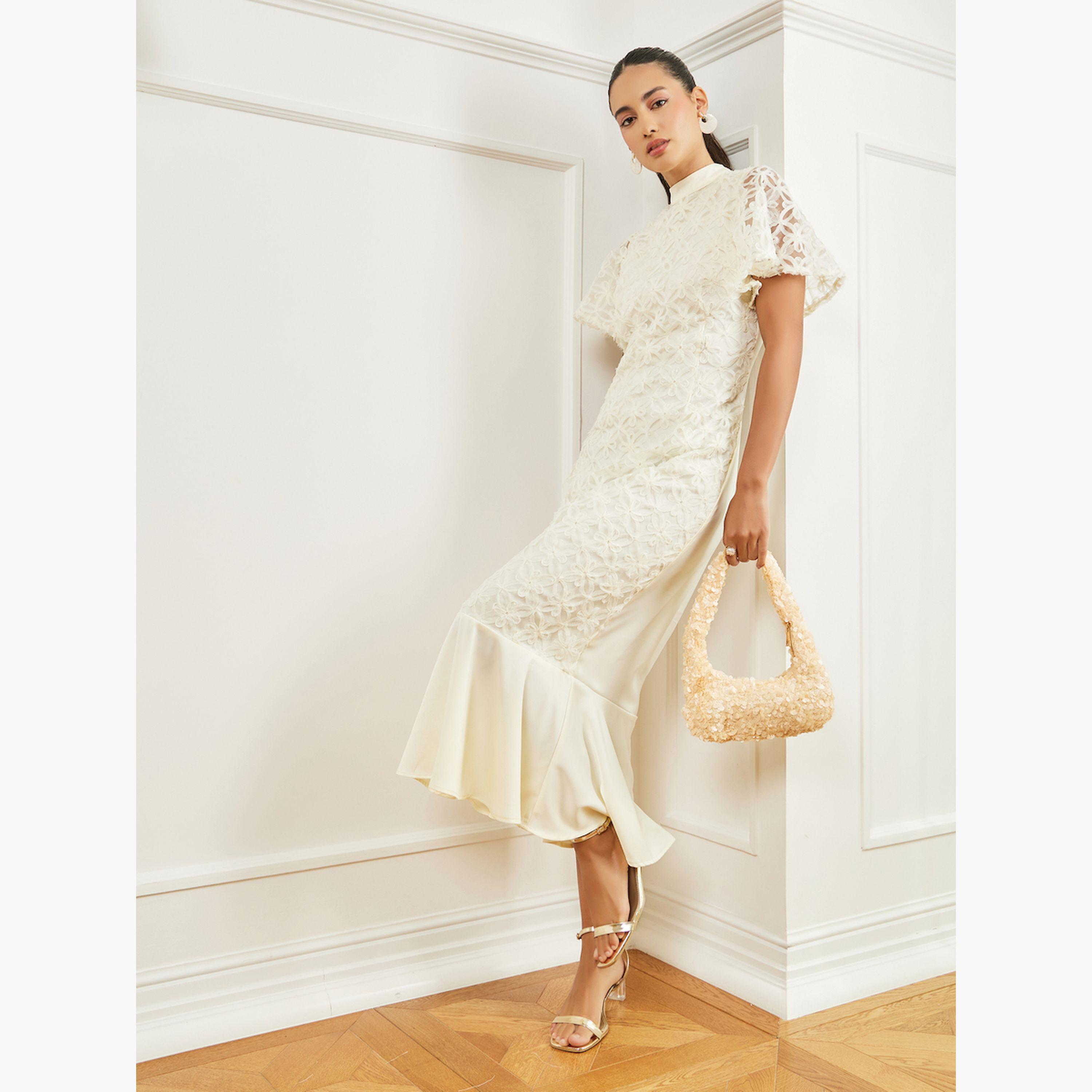فستان ميدي دانتيل بحافة حورية البحر وأكمام قصيرة-women-clothing-dresses-image-3