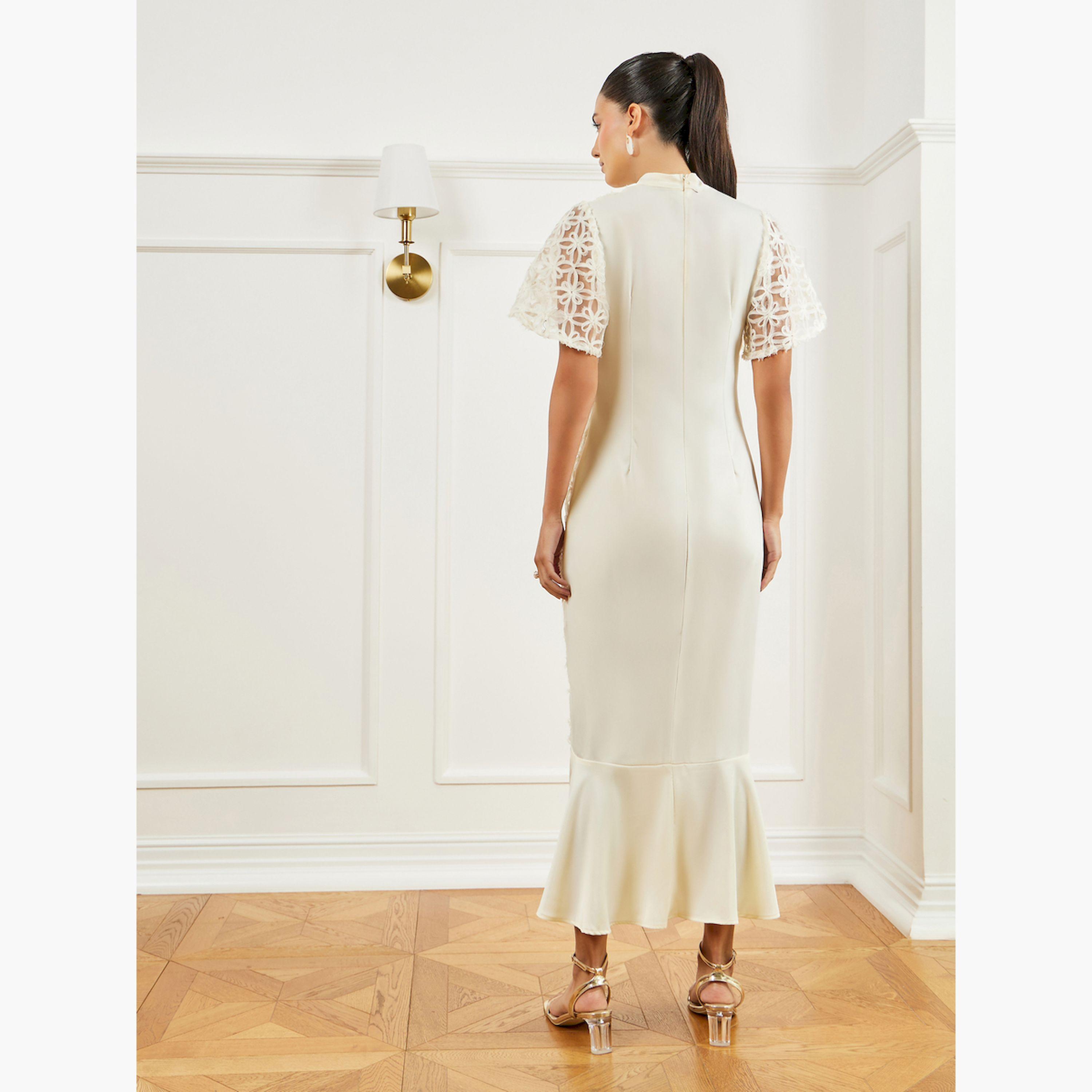 فستان ميدي دانتيل بحافة حورية البحر وأكمام قصيرة-women-clothing-dresses-image-4