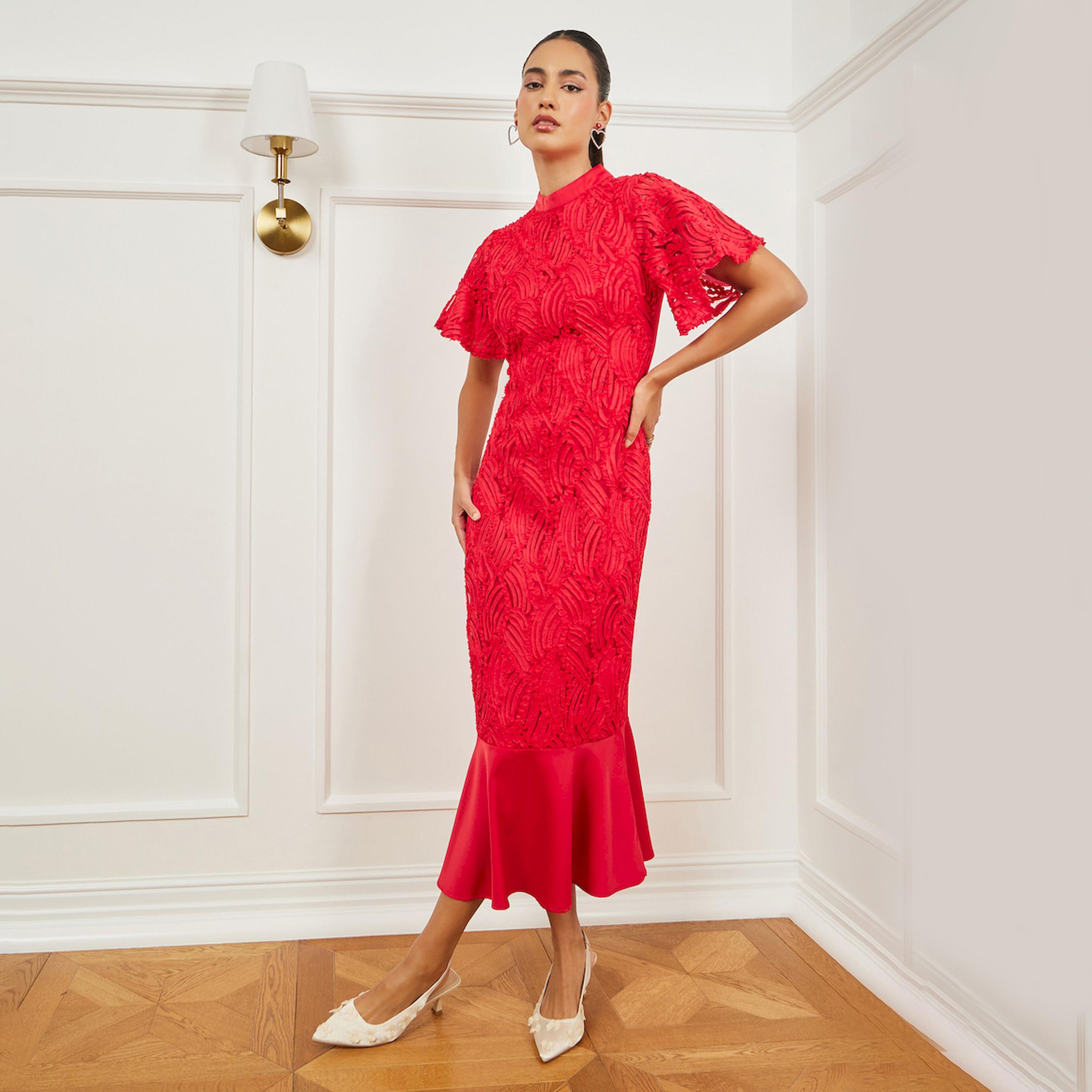 فستان ميدي دانتيل بحافة حورية البحر وأكمام قصيرة-women-clothing-dresses-image-1