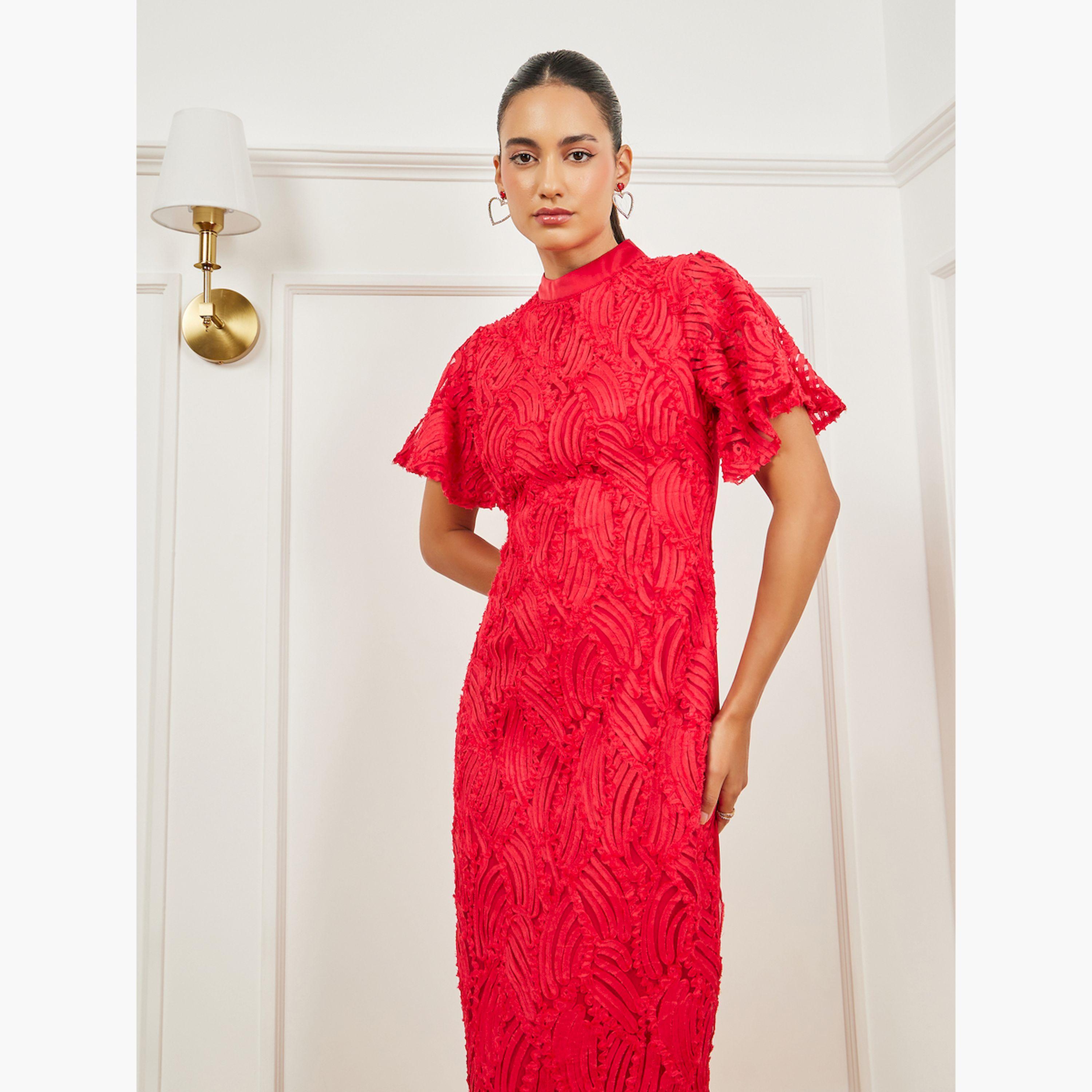 Styli Red Lace Short Sleeve Mermaid Hem Midi Dress-women-clothing-dresses-image-2