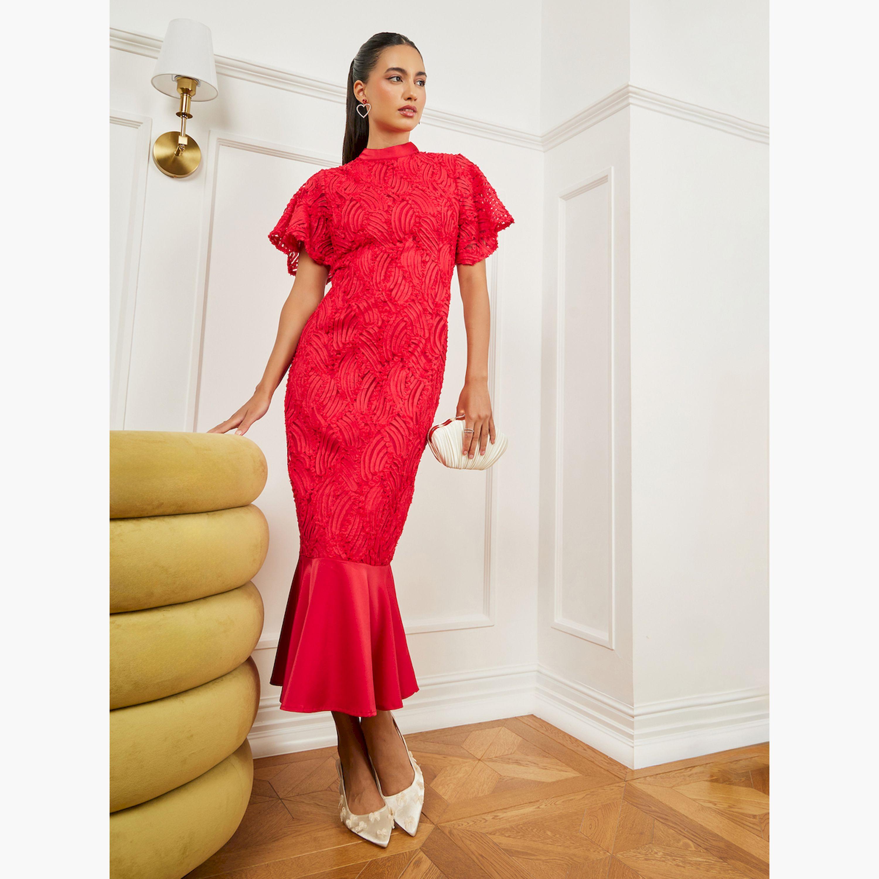 Styli Red Lace Short Sleeve Mermaid Hem Midi Dress-women-clothing-dresses-image-3