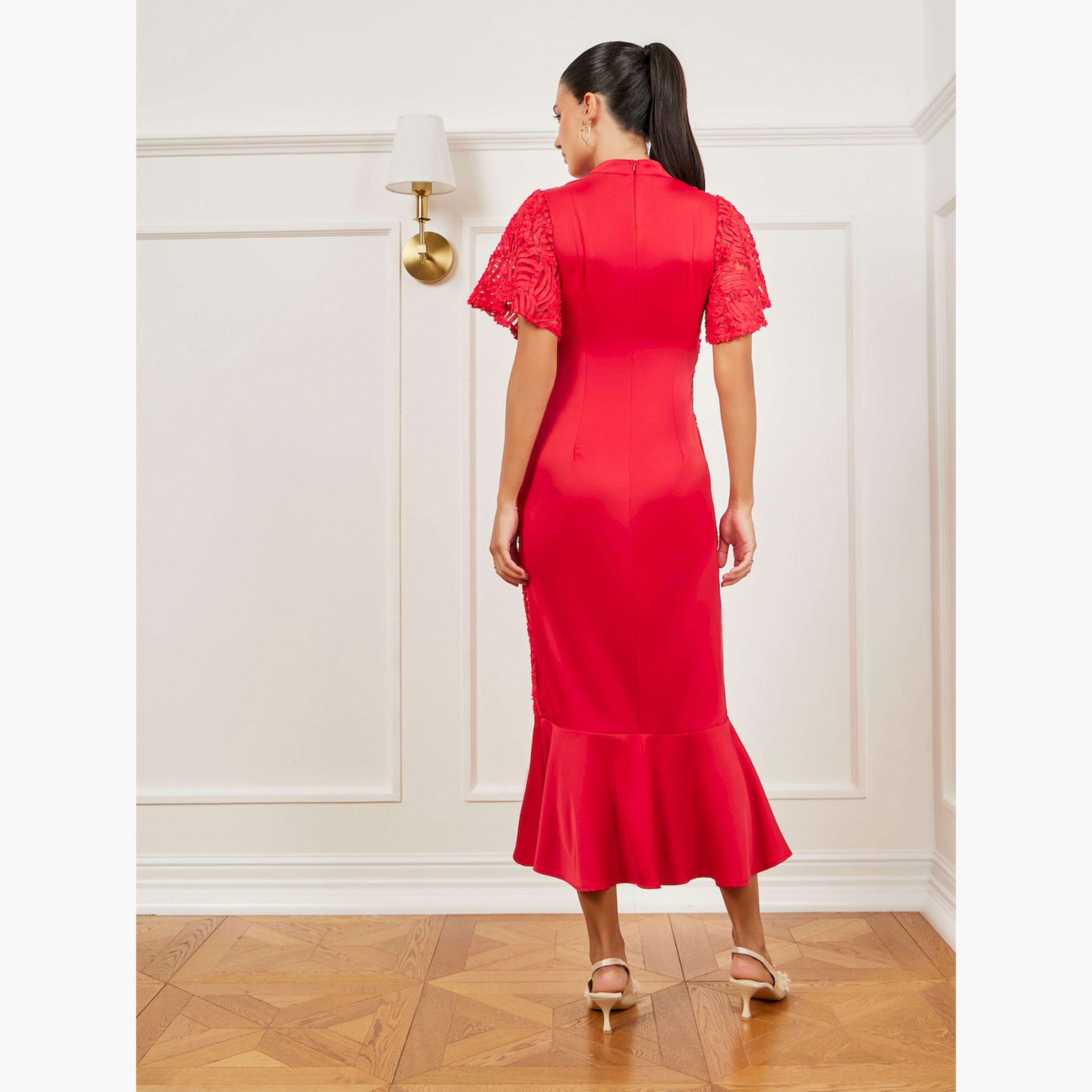 فستان ميدي دانتيل بحافة حورية البحر وأكمام قصيرة-women-clothing-dresses-image-4