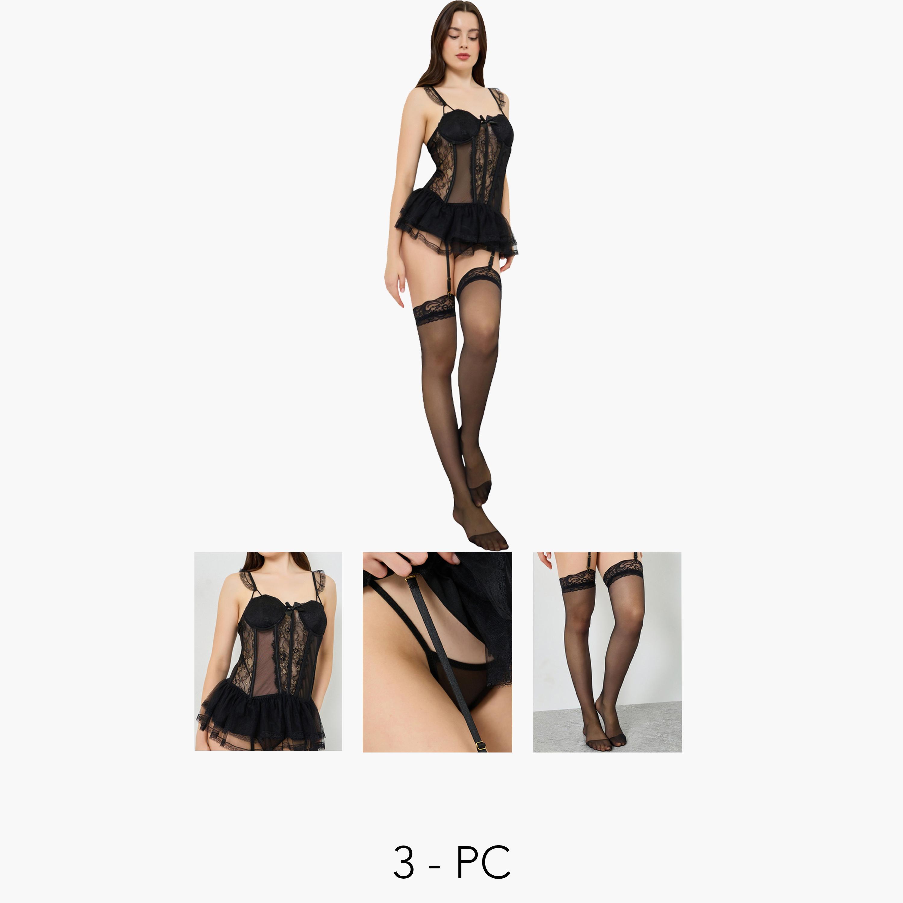 عبوة من قطعتين - بودي سوت بتفاصيل دانتيل وكشكش مع جوارب طويلة-women-clothing-lingerie-lingeriesets-image-1