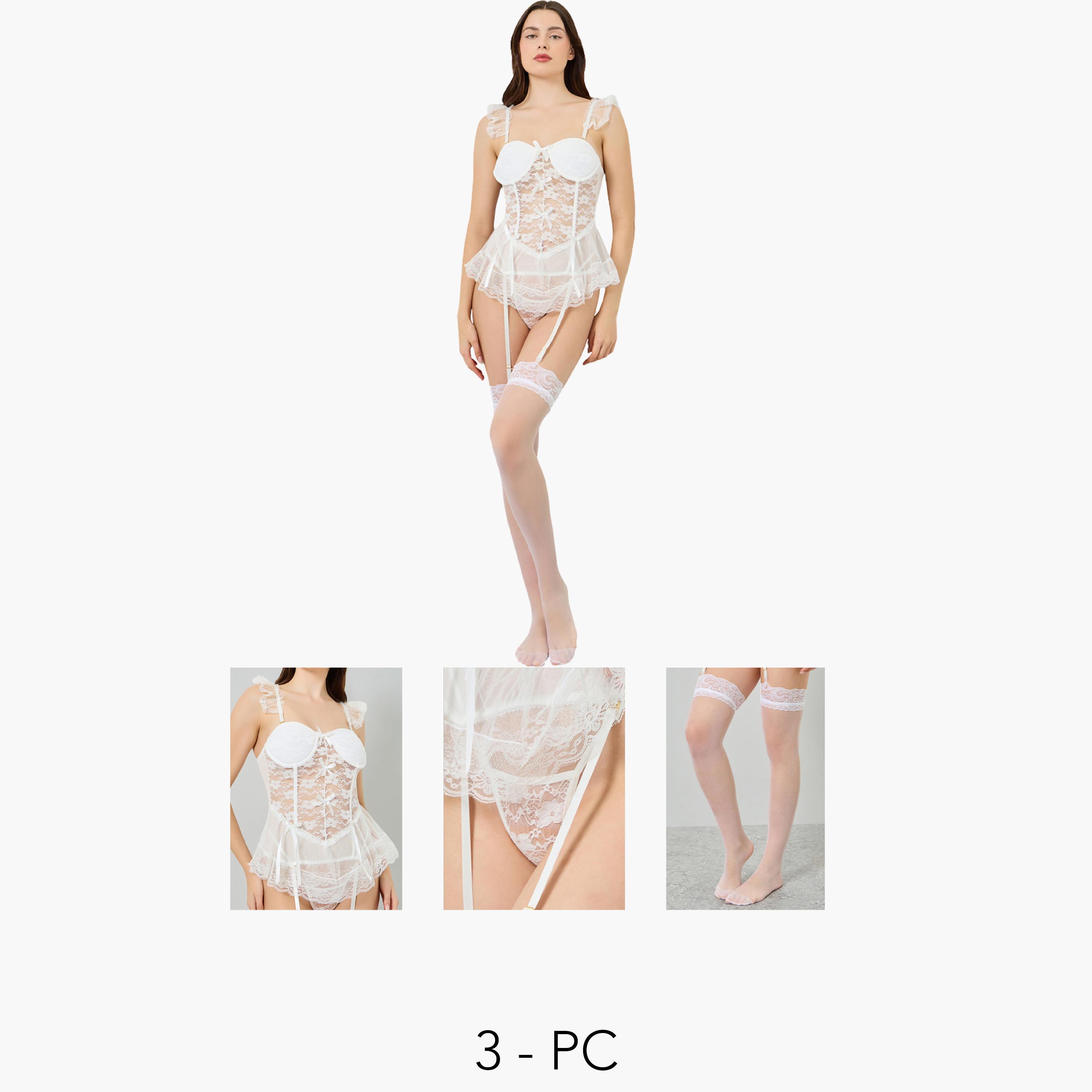 Styli Pack of 2 - Lace Panel Ruffle Bodysuit and Stockings-women-clothing-lingerie-babydollsandbodysuits-image-1