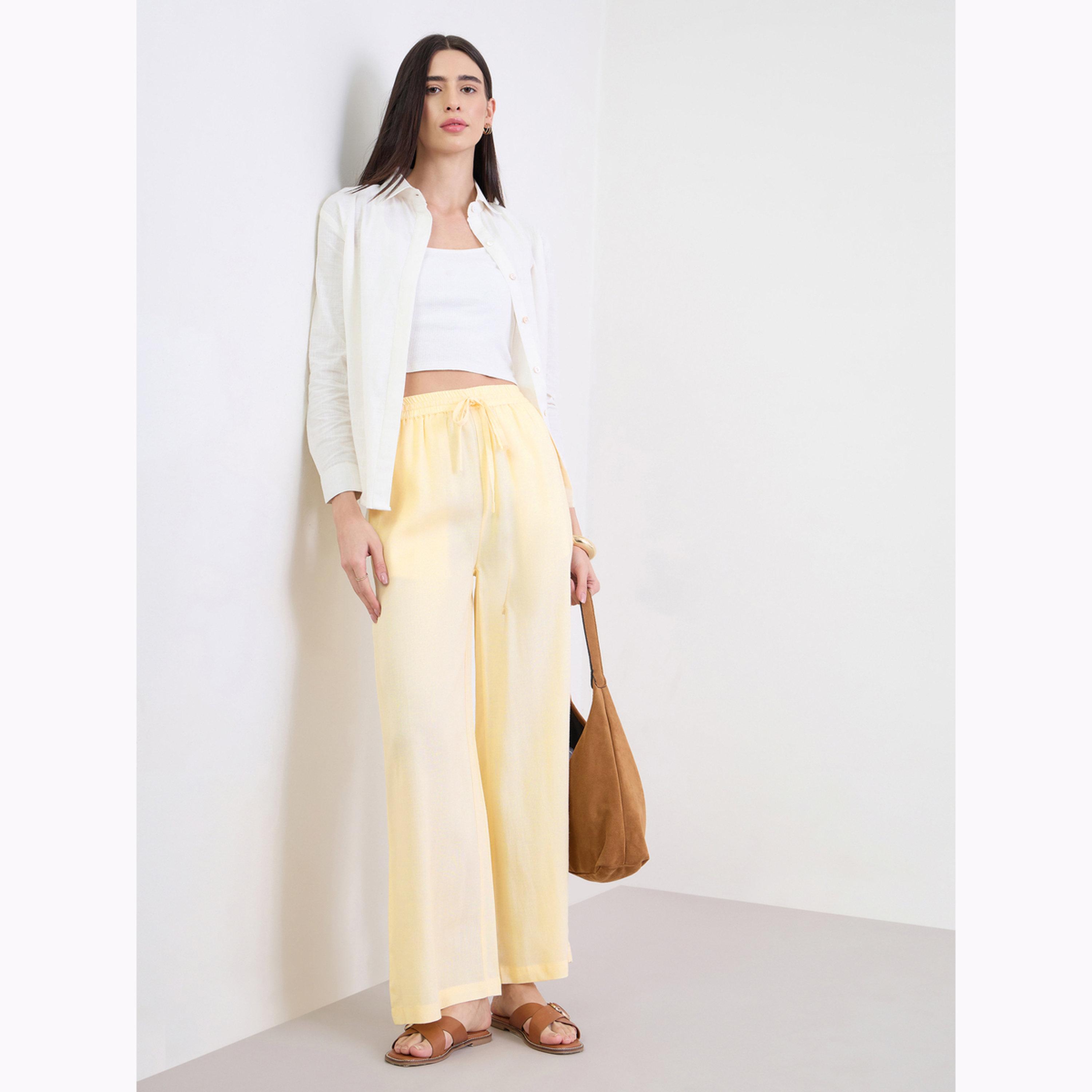 بنطال بأرجل واسعة ورباط سحب لون أصفر-women-clothing-bottoms-joggers-image-2