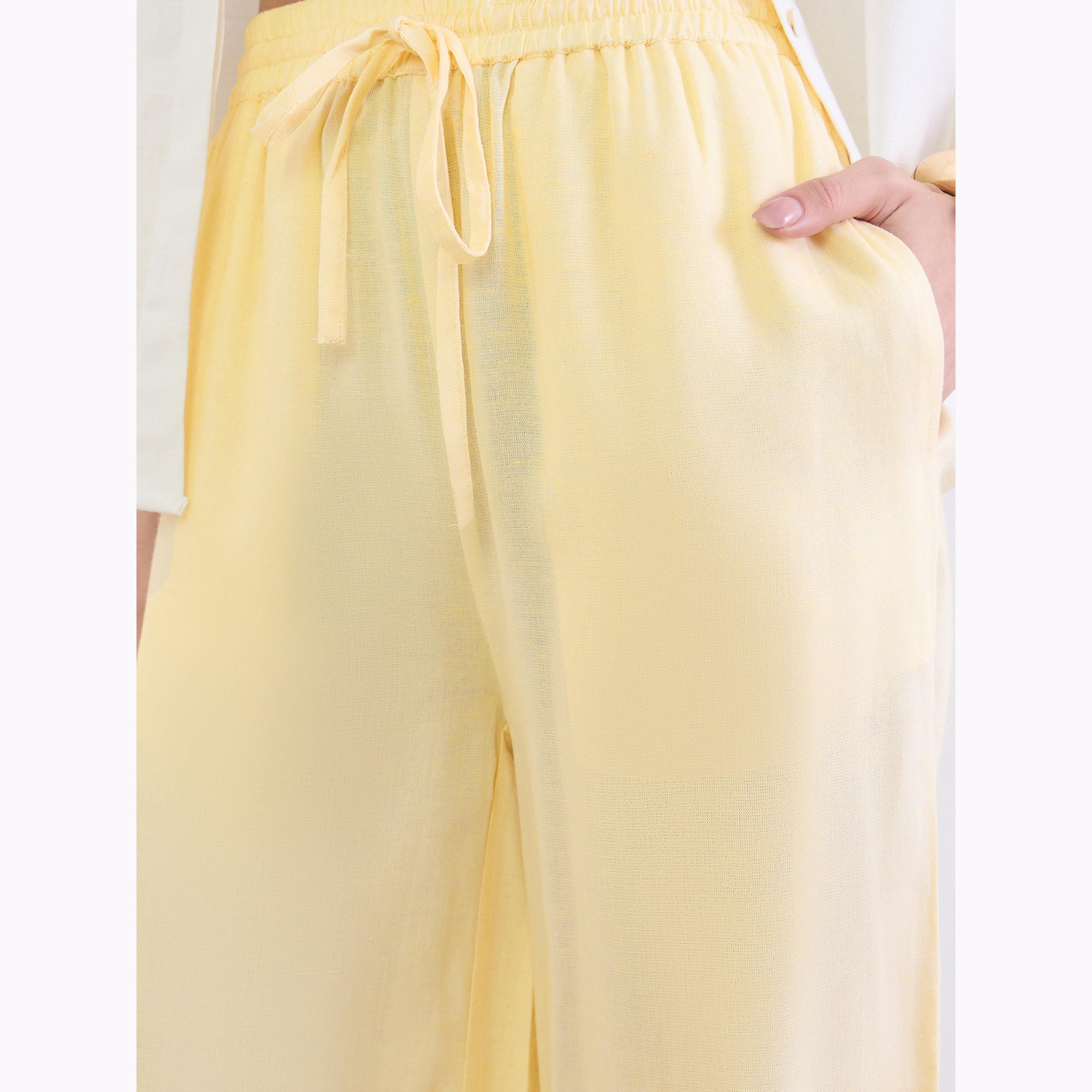 Styli Yellow Solid Wide Leg Pants With Drawstring-women-clothing-bottoms-joggers-image-3