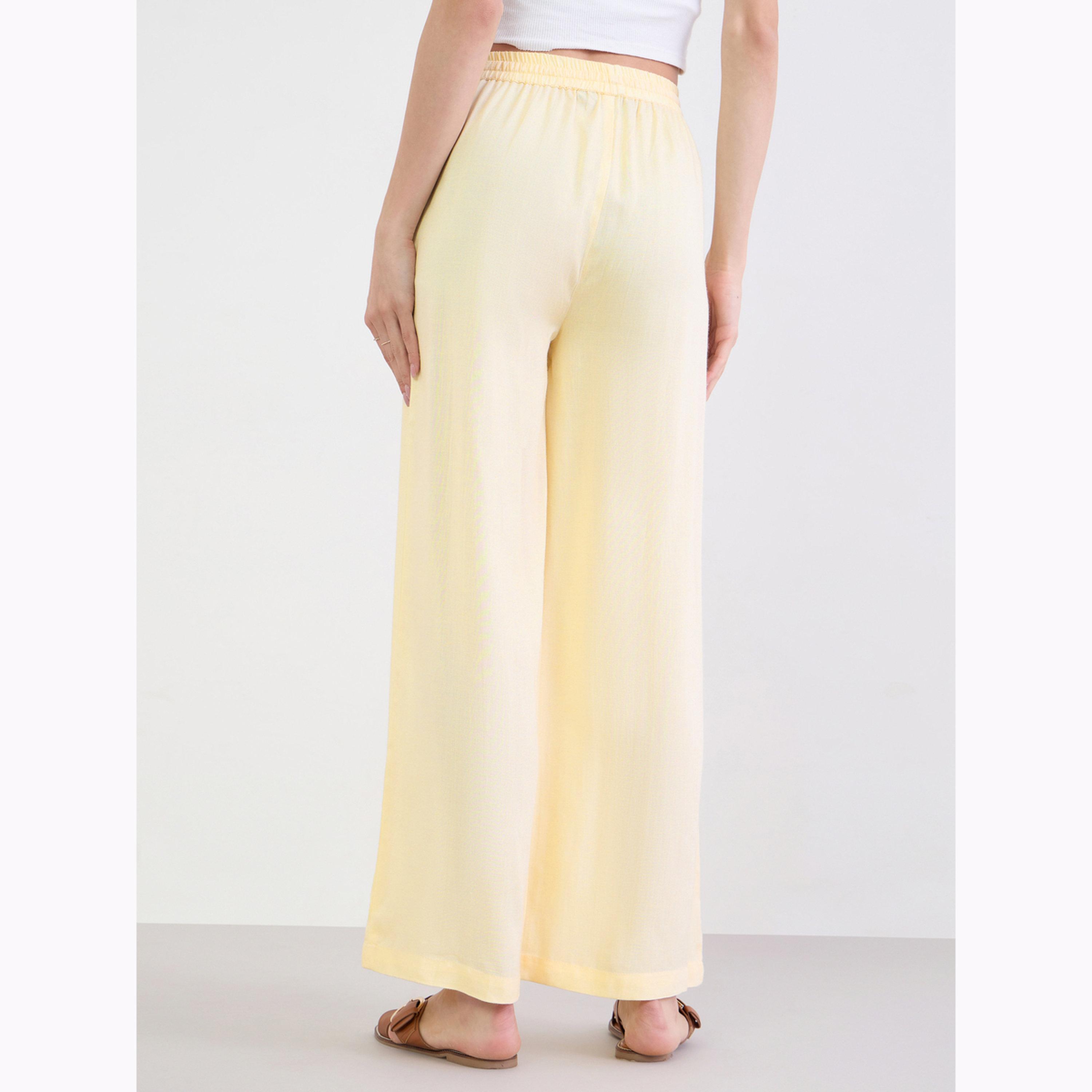 Styli Yellow Solid Wide Leg Pants With Drawstring-women-clothing-bottoms-joggers-image-4