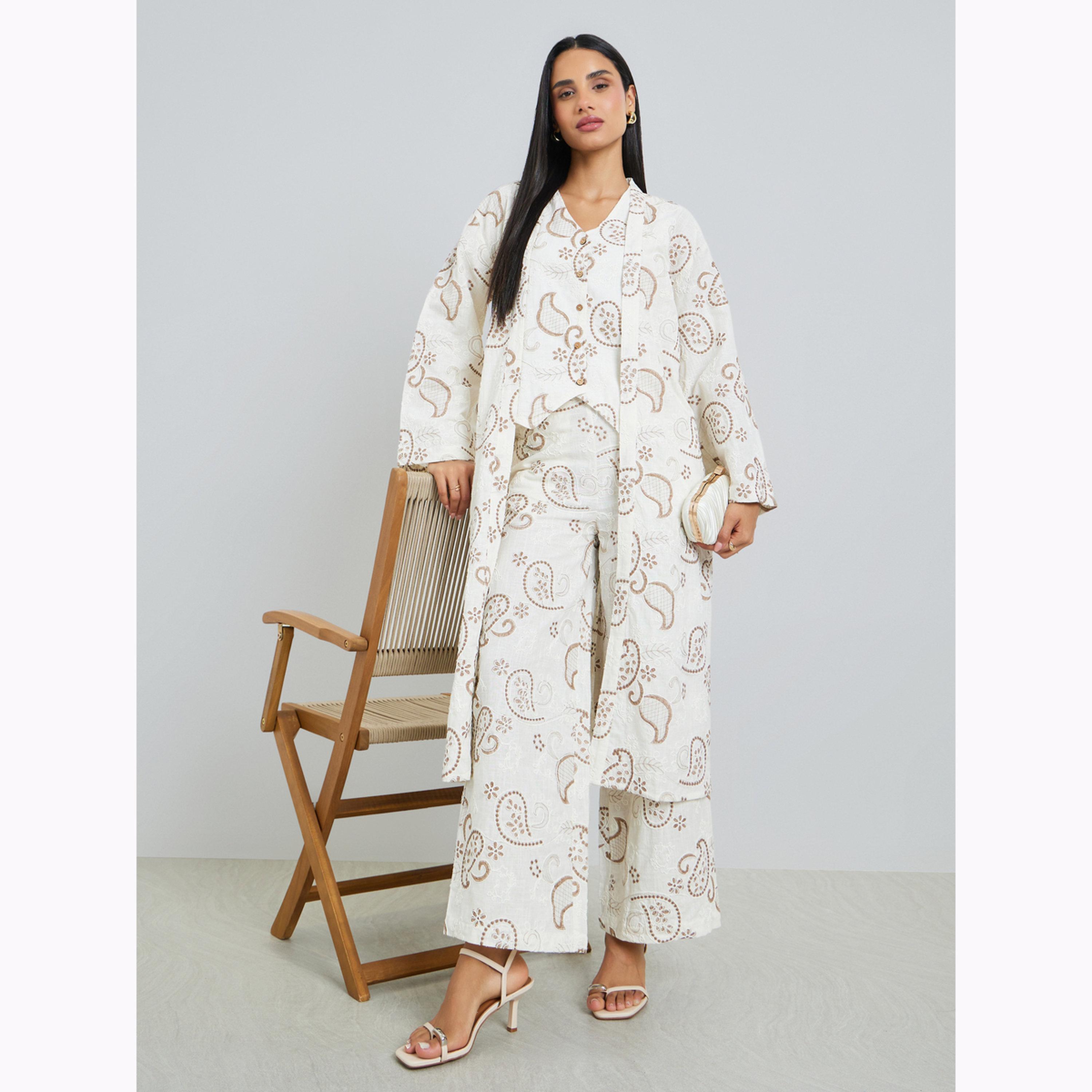 Styli Off White Paisley Embroidered Midi Length Kimono-women-winterwear-cardigansandjumpers-cardigans-image-1