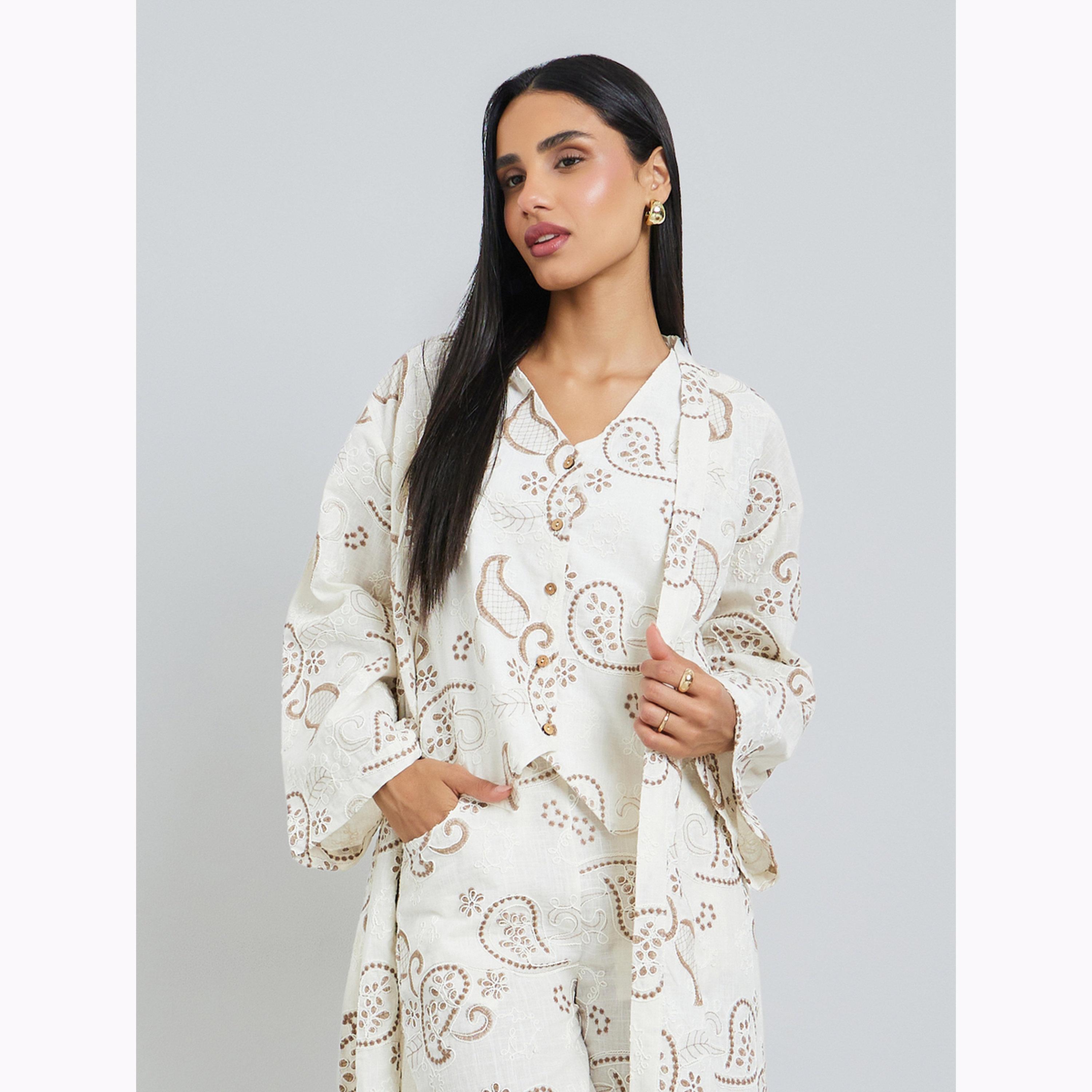 Styli Off White Paisley Embroidered Midi Length Kimono-women-winterwear-cardigansandjumpers-cardigans-image-2
