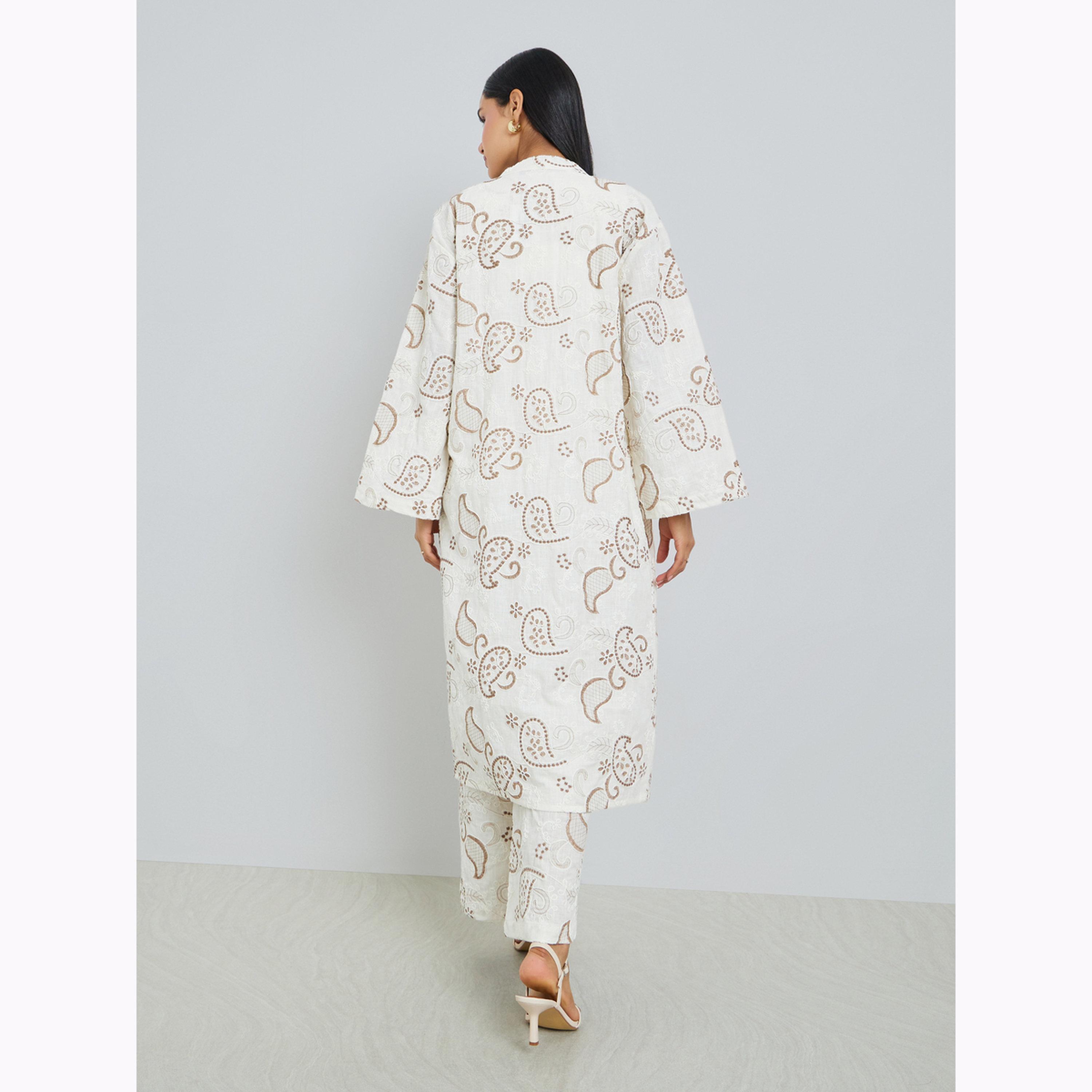 Styli Off White Paisley Embroidered Midi Length Kimono-women-winterwear-cardigansandjumpers-cardigans-image-3