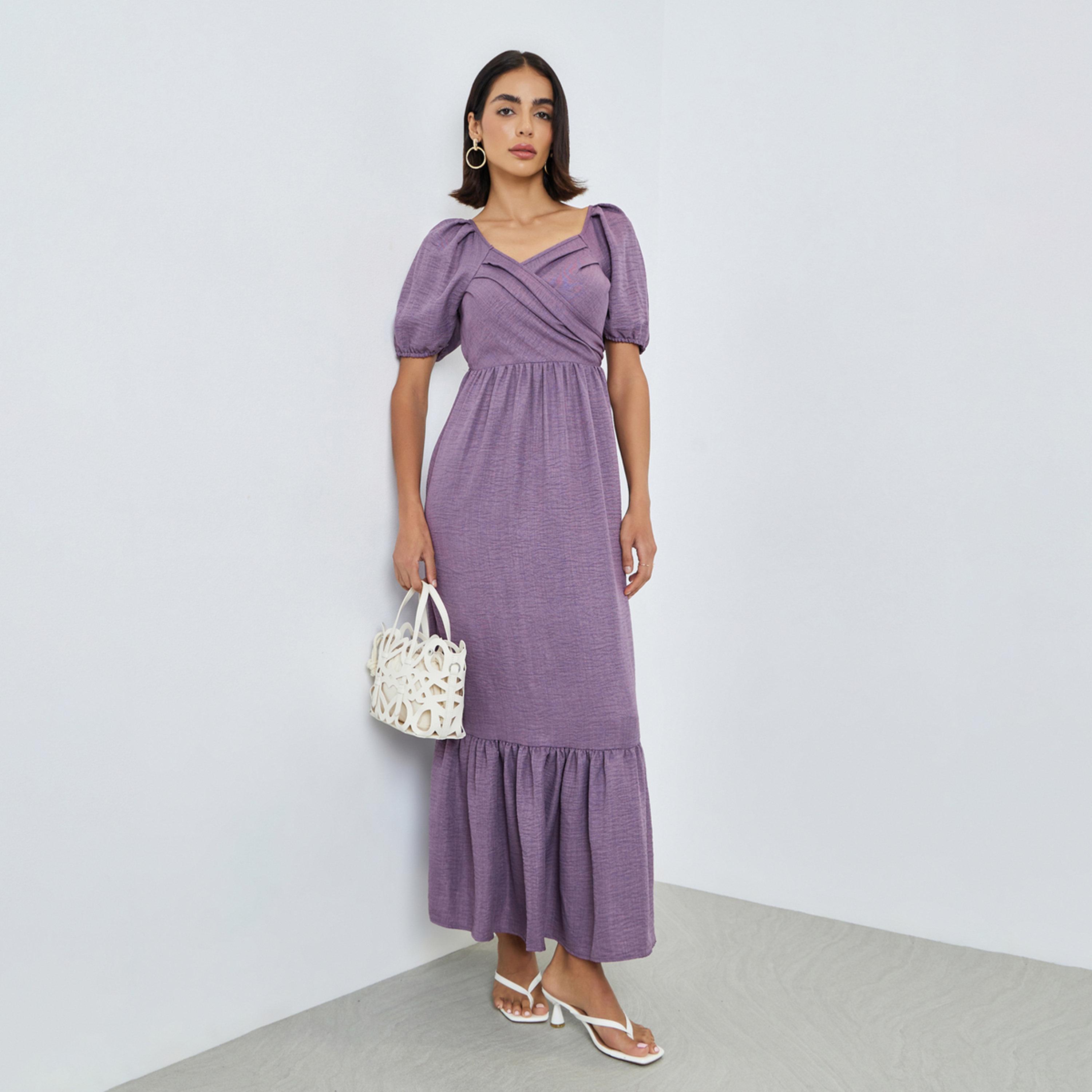 Styli Lilac Fold Pleats Puff Sleeves A-Line Maxi Dress-women-clothing-dresses-image-1