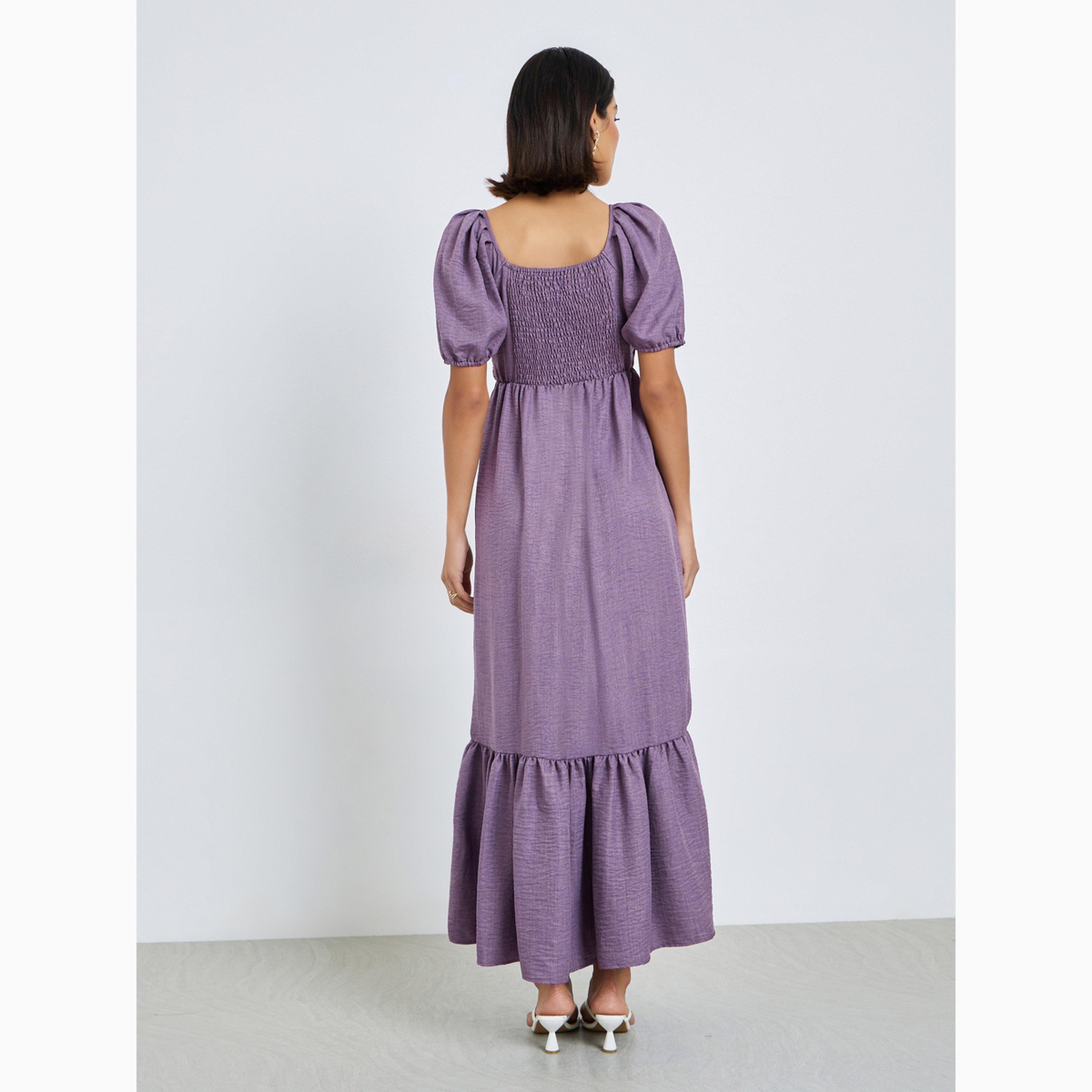 فستان طويل بحافة واسعة وأكمام منفوخة وكسرات مطوية-women-clothing-dresses-image-5