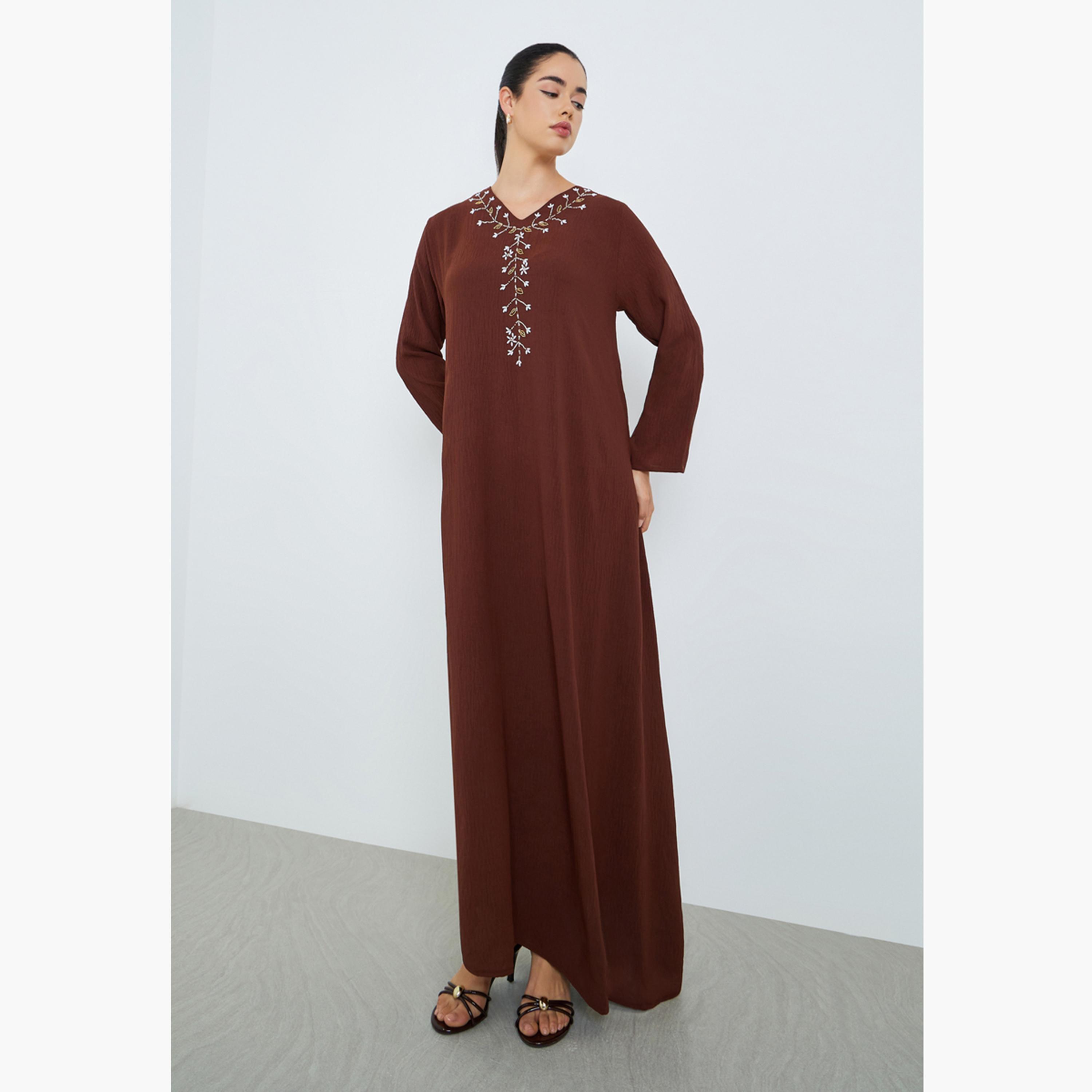 جلابية مطرزة بحافة واسعة للنساء-women-arabicclothing-jalabiyas-image-1