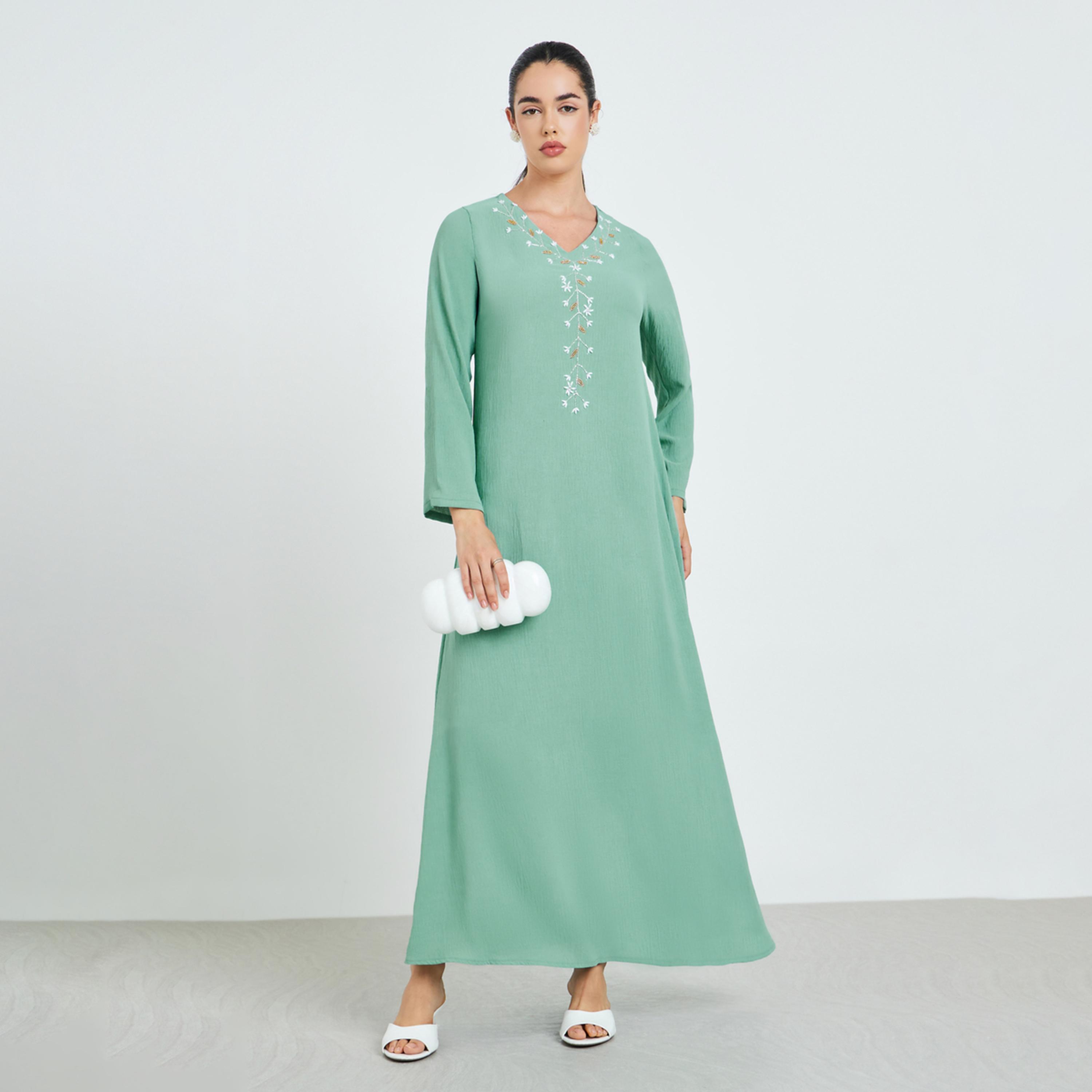جلابية مطرزة بحافة واسعة للنساء-women-arabicclothing-jalabiyas-image-1