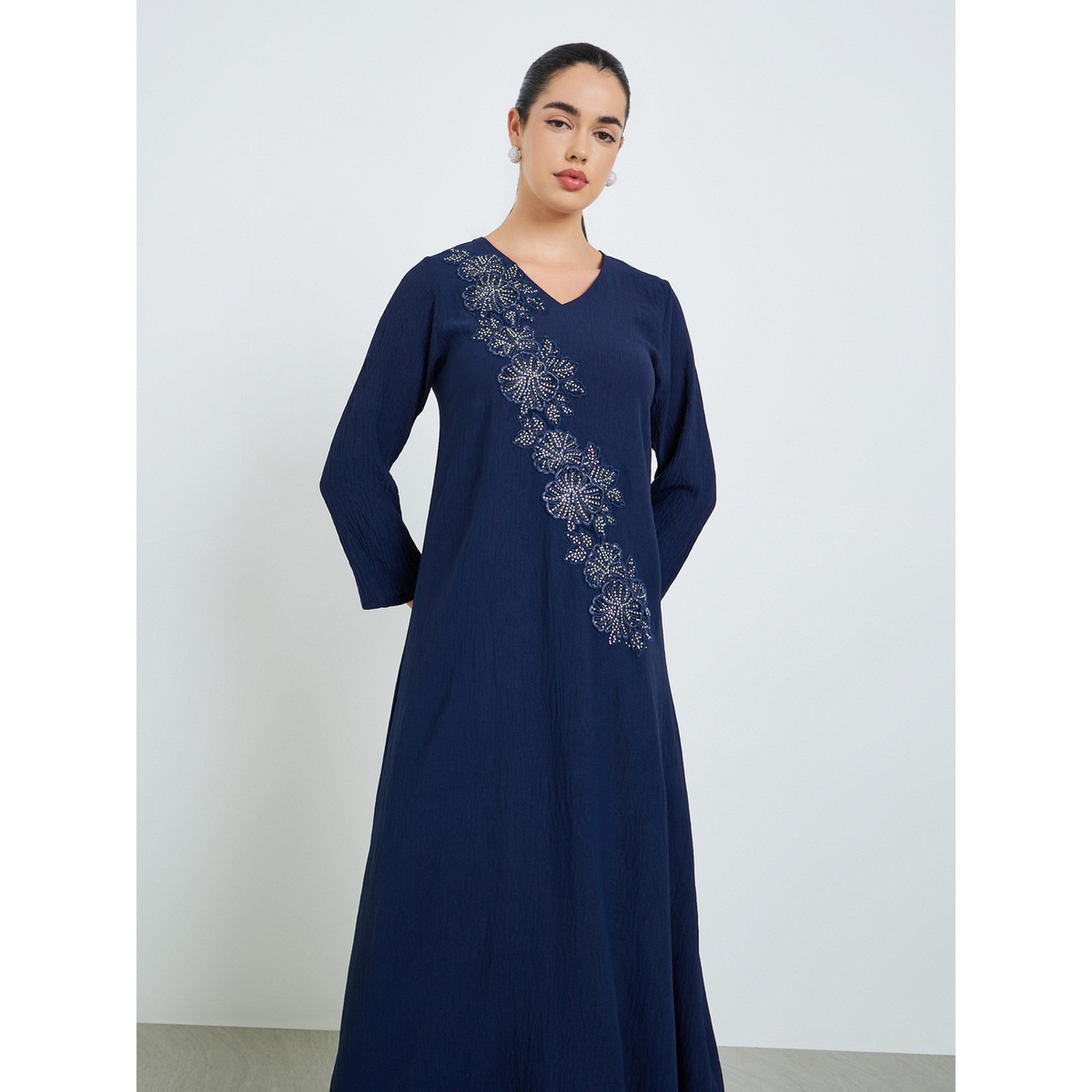 Styli Women Navy Blue Embroidered A-Line Jalabiya-women-arabicclothing-jalabiyas-image-2