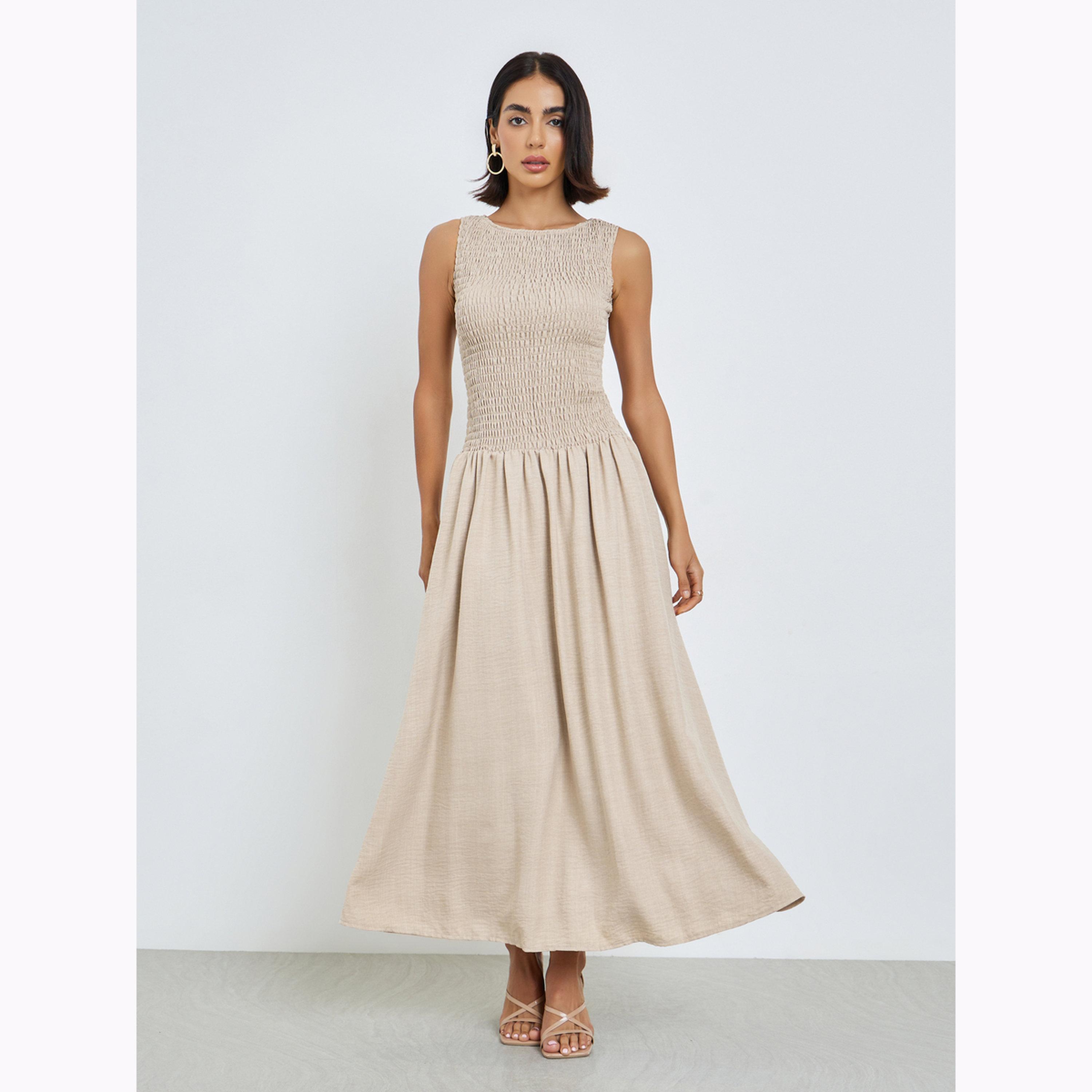 Styli Beige Shirred A-Line Maxi Dress-women-clothing-dresses-image-1