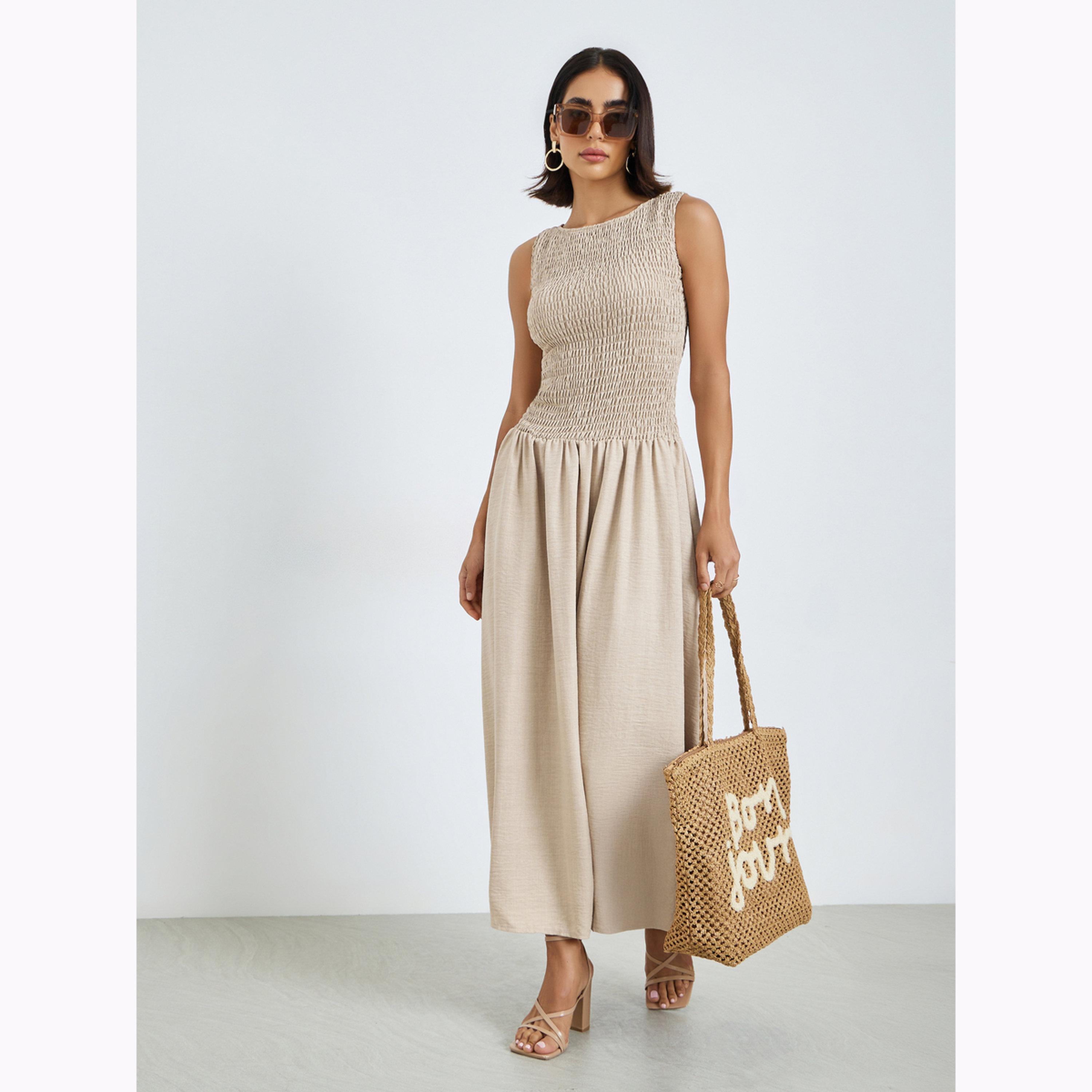 Styli Beige Shirred A-Line Maxi Dress-women-clothing-dresses-image-2