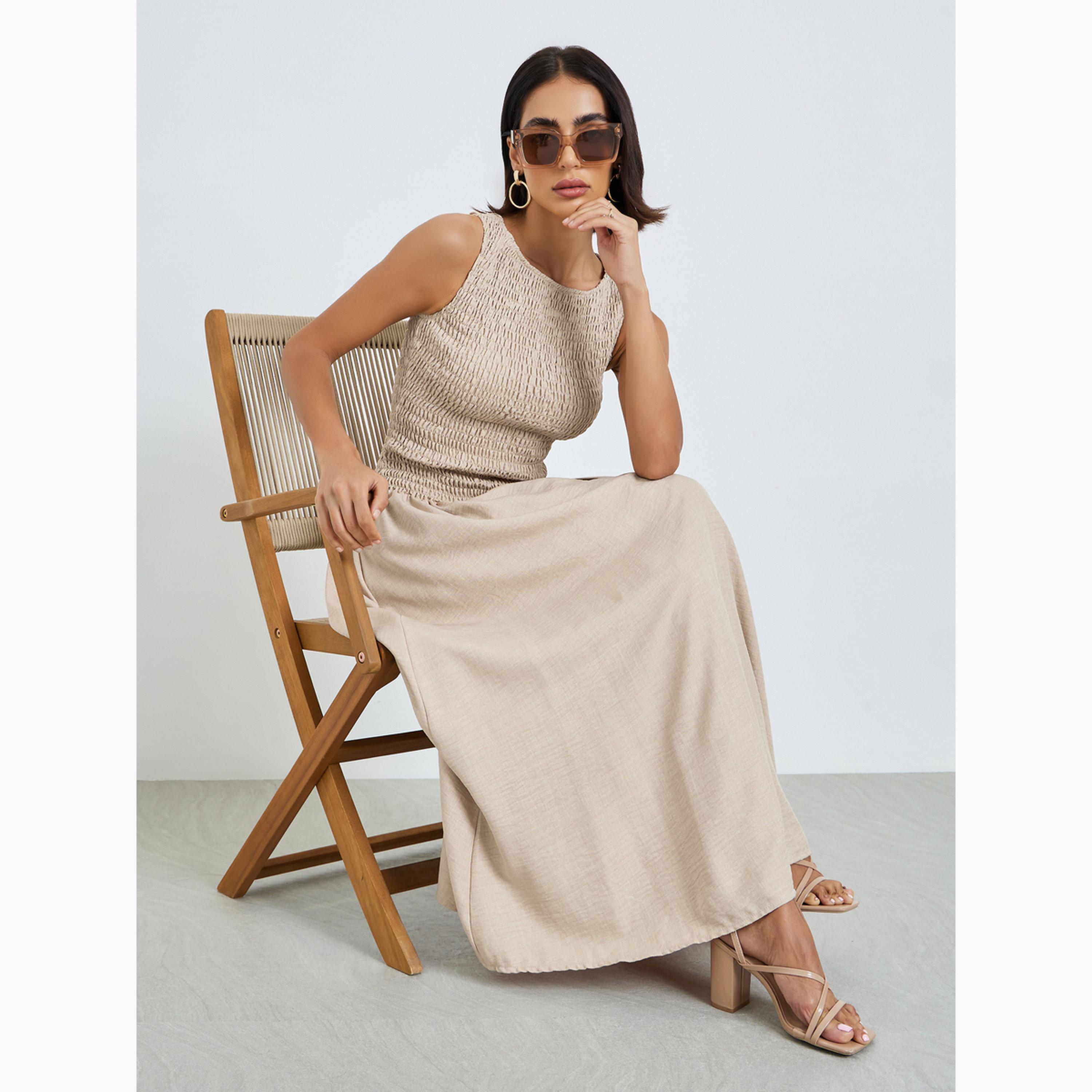 Styli Beige Shirred A-Line Maxi Dress-women-clothing-dresses-image-4