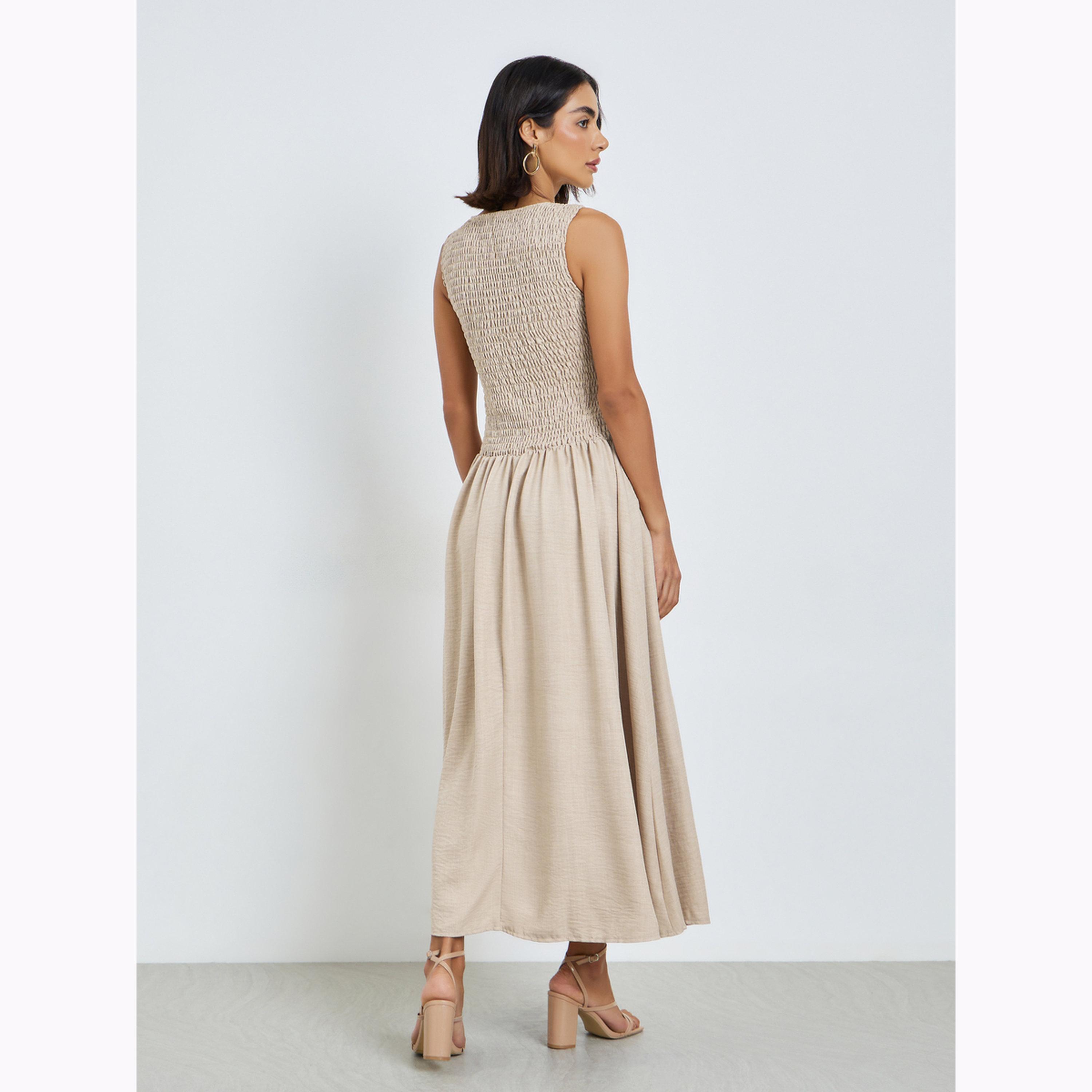 Styli Beige Shirred A-Line Maxi Dress-women-clothing-dresses-image-5