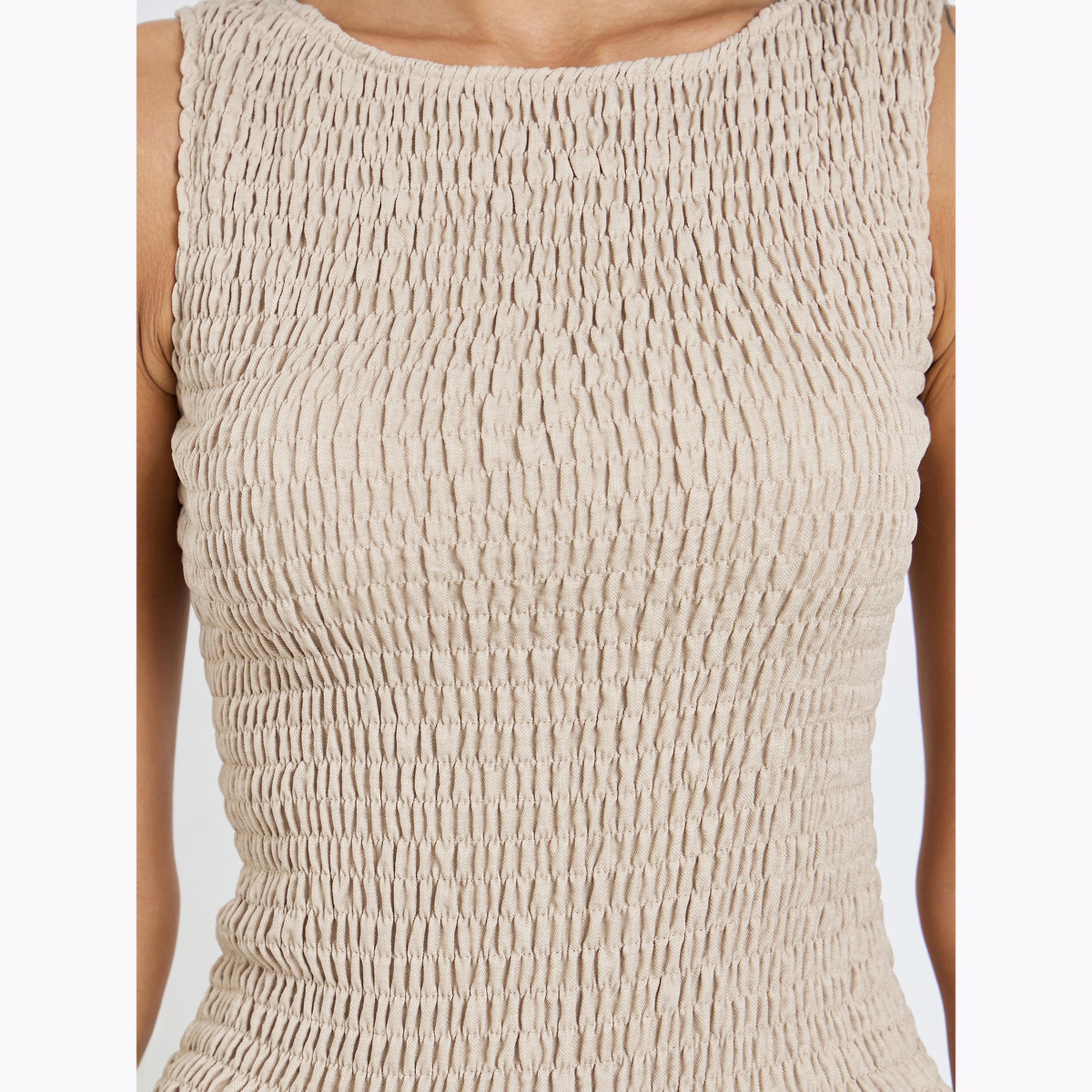 Styli Beige Shirred A-Line Maxi Dress-women-clothing-dresses-image-6