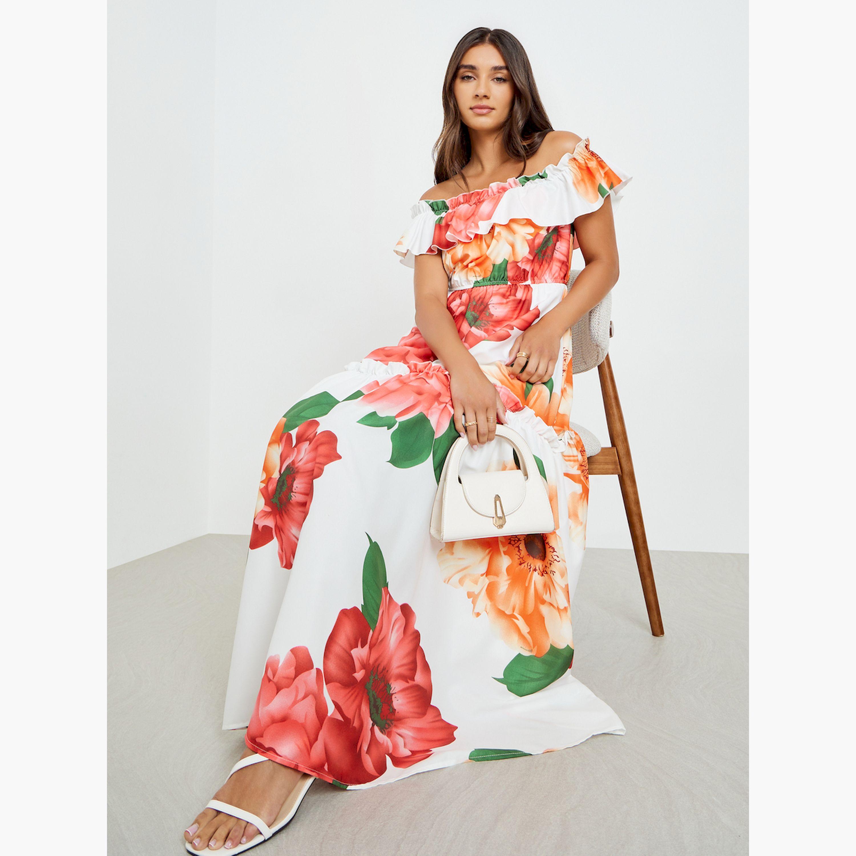 فستان طويل بأكتاف مكشوفة بطبعة زهور-women-clothing-dresses-image-2