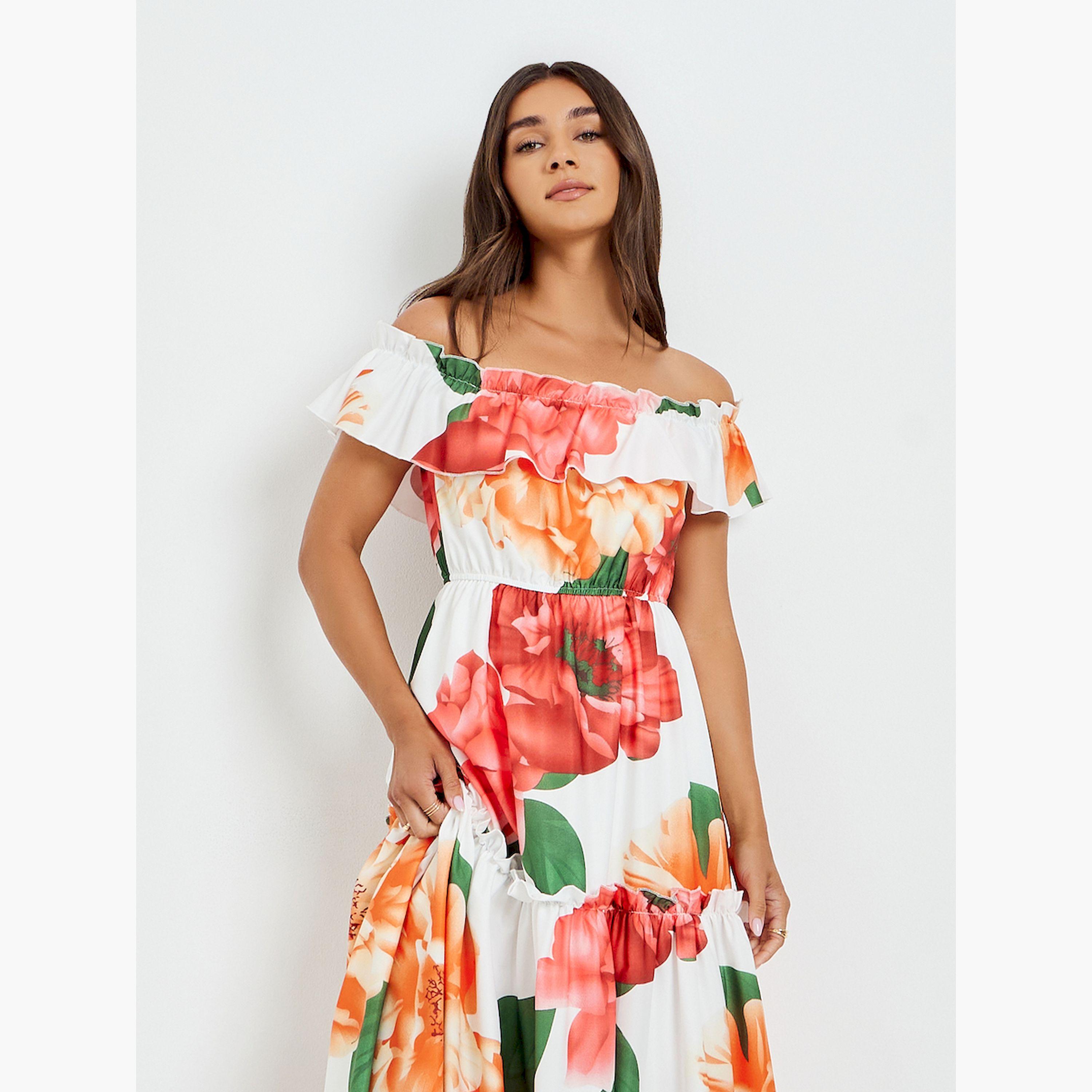 فستان طويل بأكتاف مكشوفة بطبعة زهور-women-clothing-dresses-image-3
