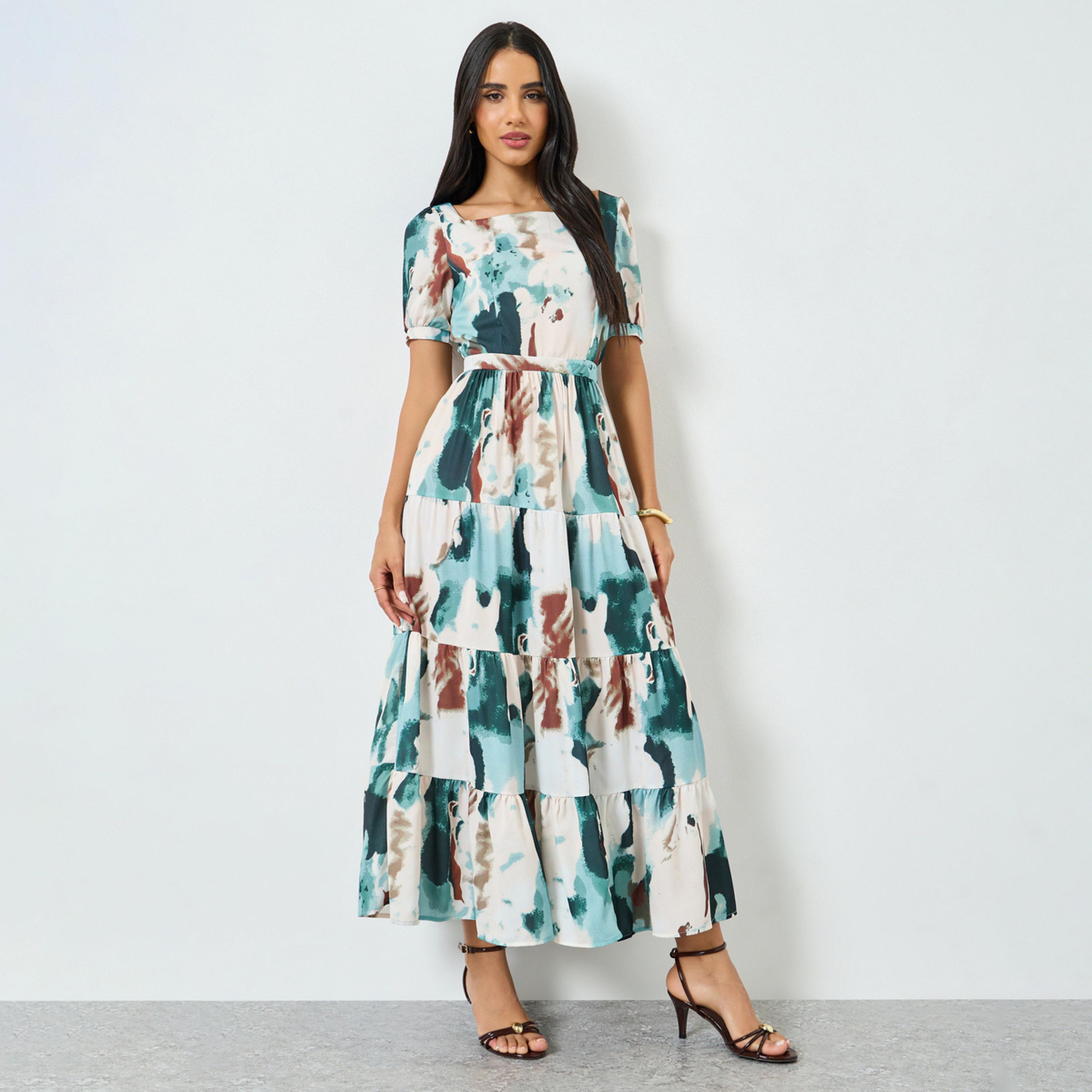 فستان طويل بطبقات وأكمام قصيرة بنمط عقد وصباغة-women-clothing-dresses-image-1