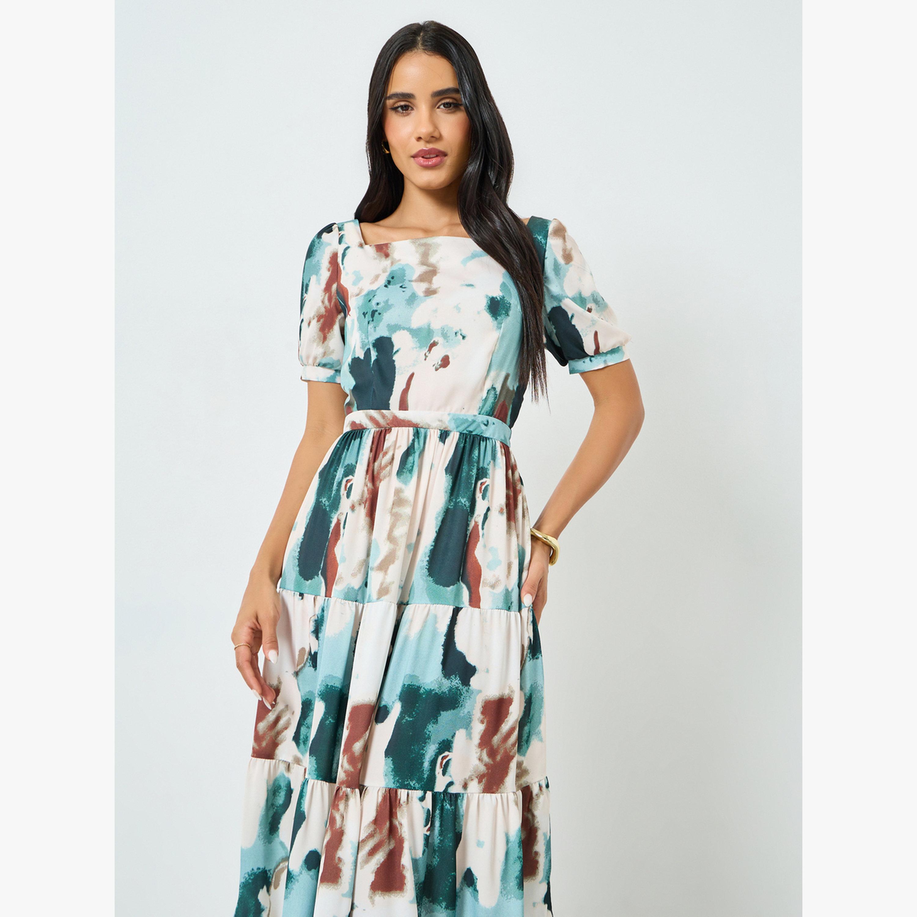 فستان طويل بطبقات وأكمام قصيرة بنمط عقد وصباغة-women-clothing-dresses-image-2