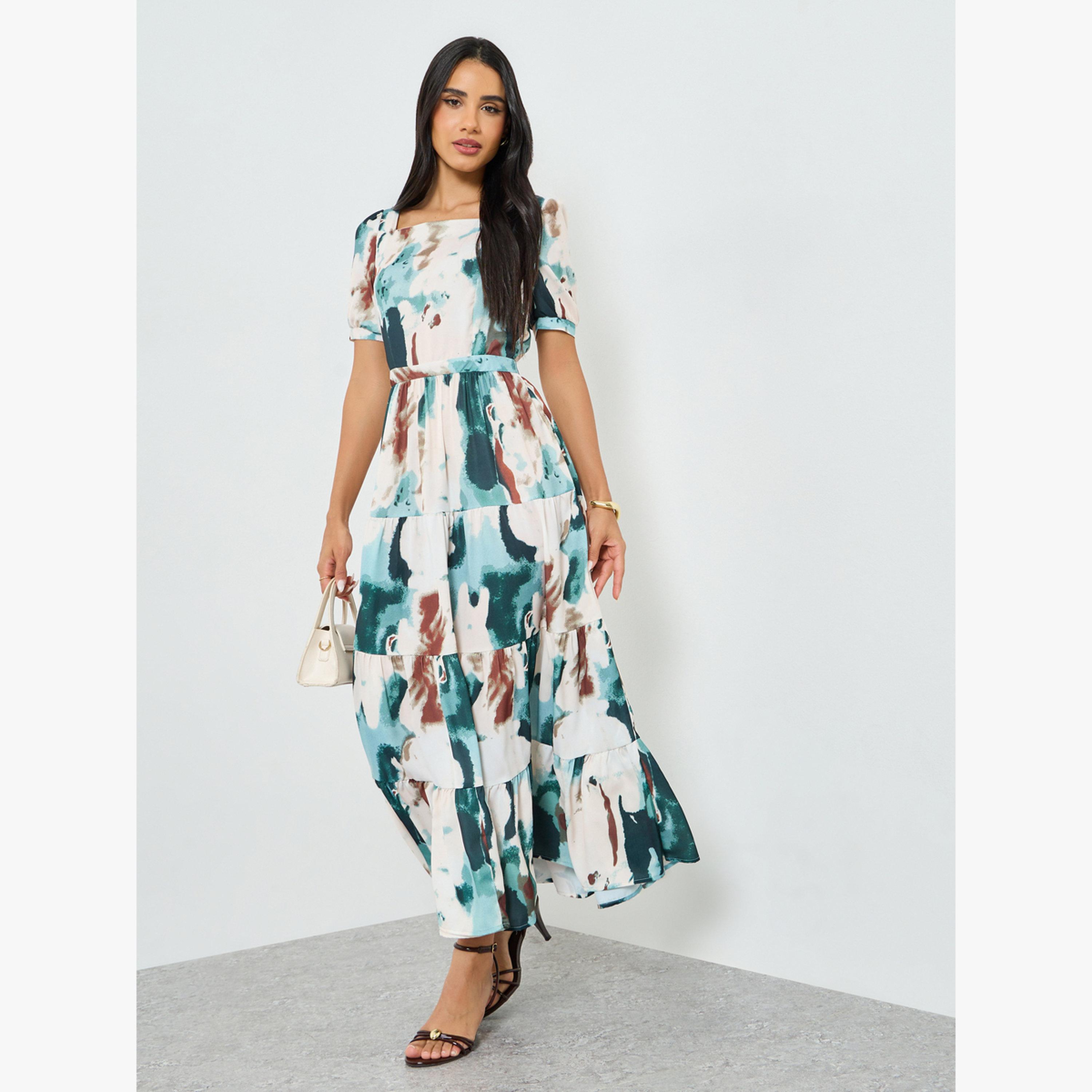 فستان طويل بطبقات وأكمام قصيرة بنمط عقد وصباغة-women-clothing-dresses-image-3