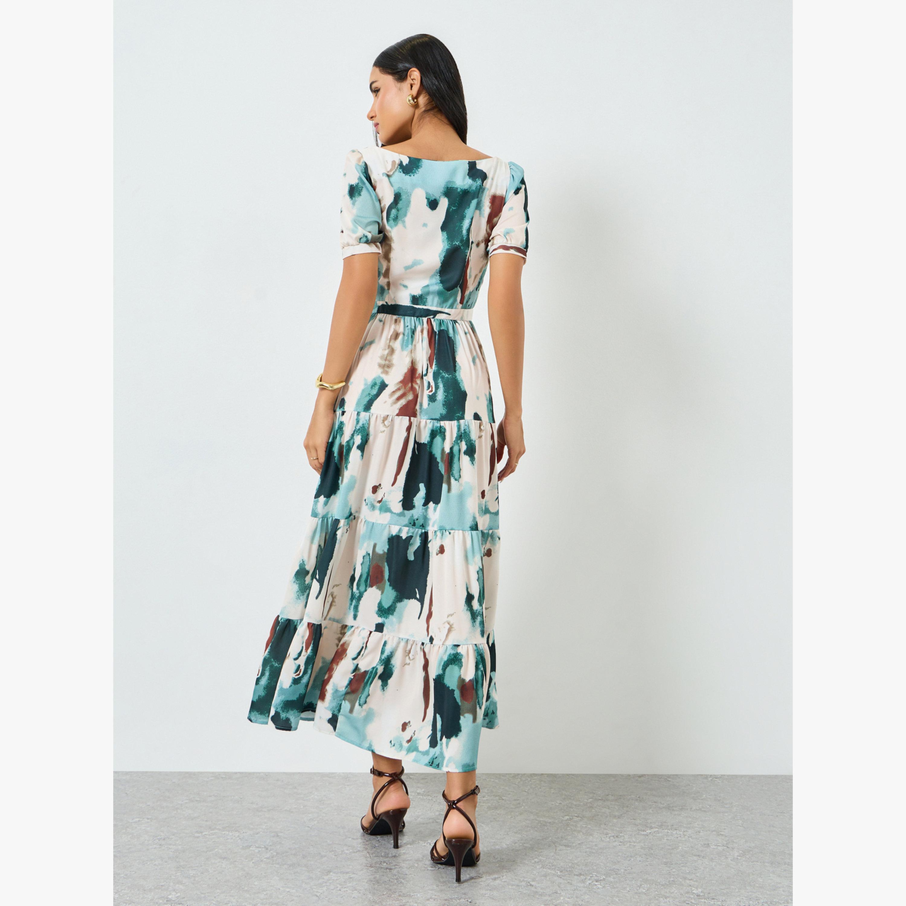 فستان طويل بطبقات وأكمام قصيرة بنمط عقد وصباغة-women-clothing-dresses-image-4