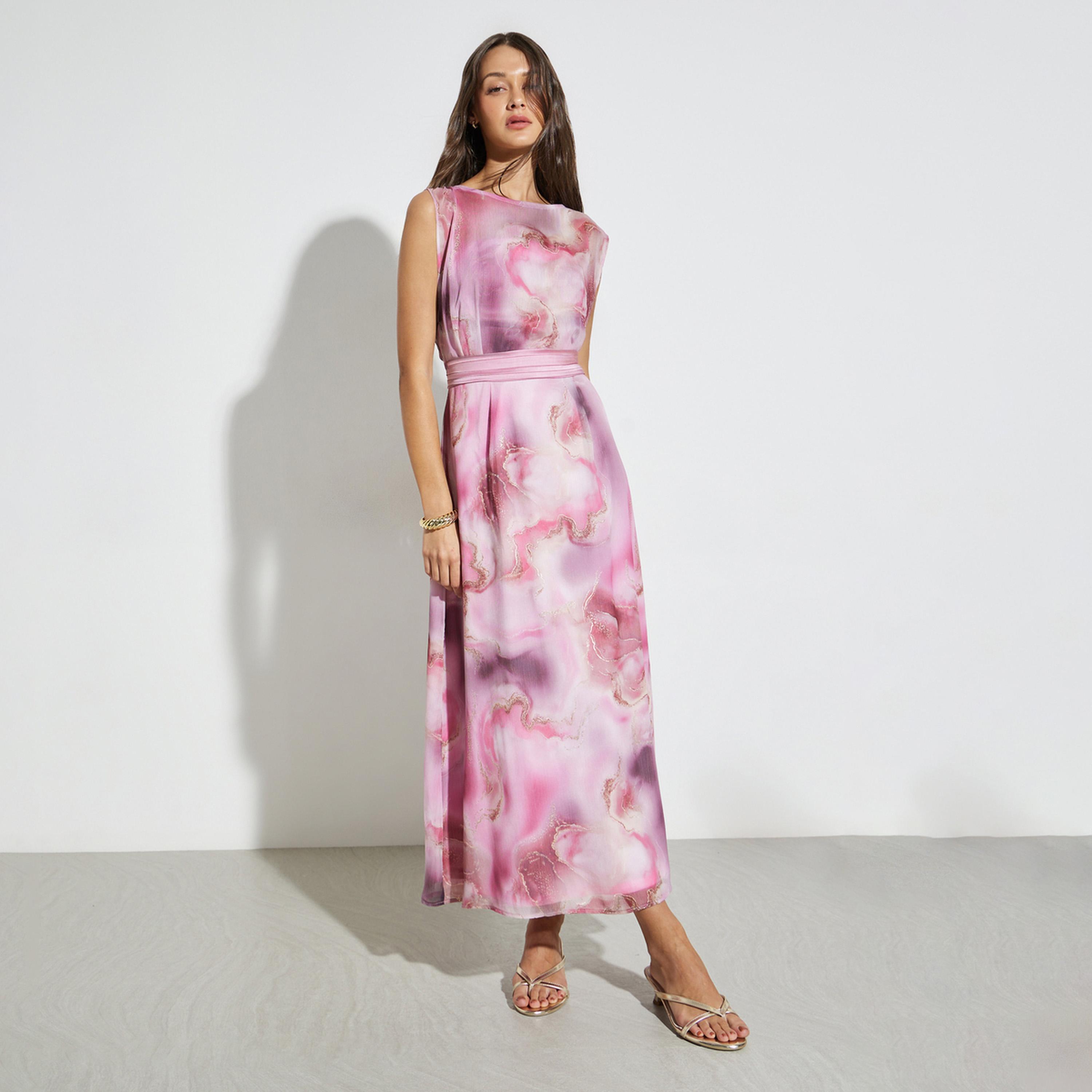 Styli Pink Marble Tie-Dye Print A-Line Maxi Dress-women-clothing-dresses-image-1