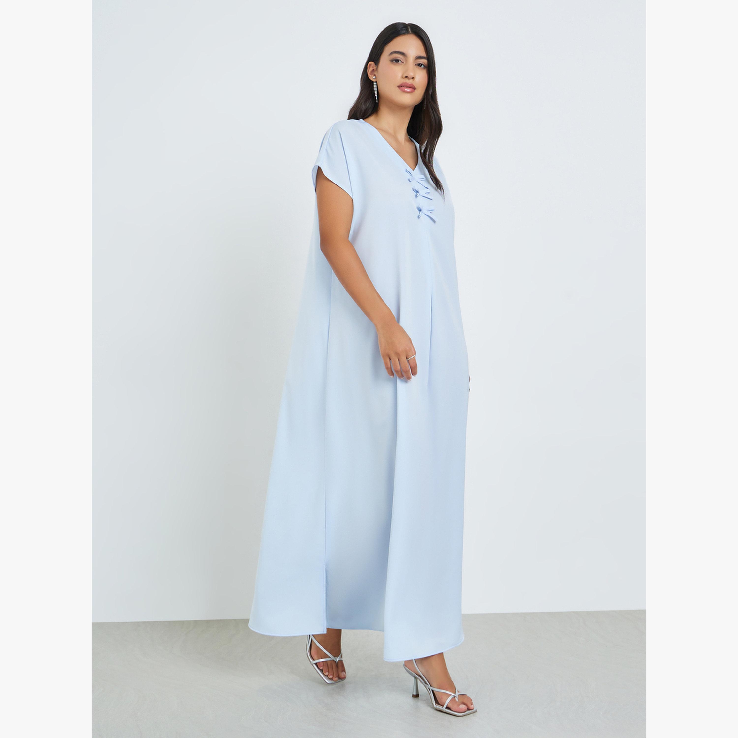 Styli Light Blue Pleated Detail A-Line Jalabiya-women-arabicclothing-jalabiyas-image-3