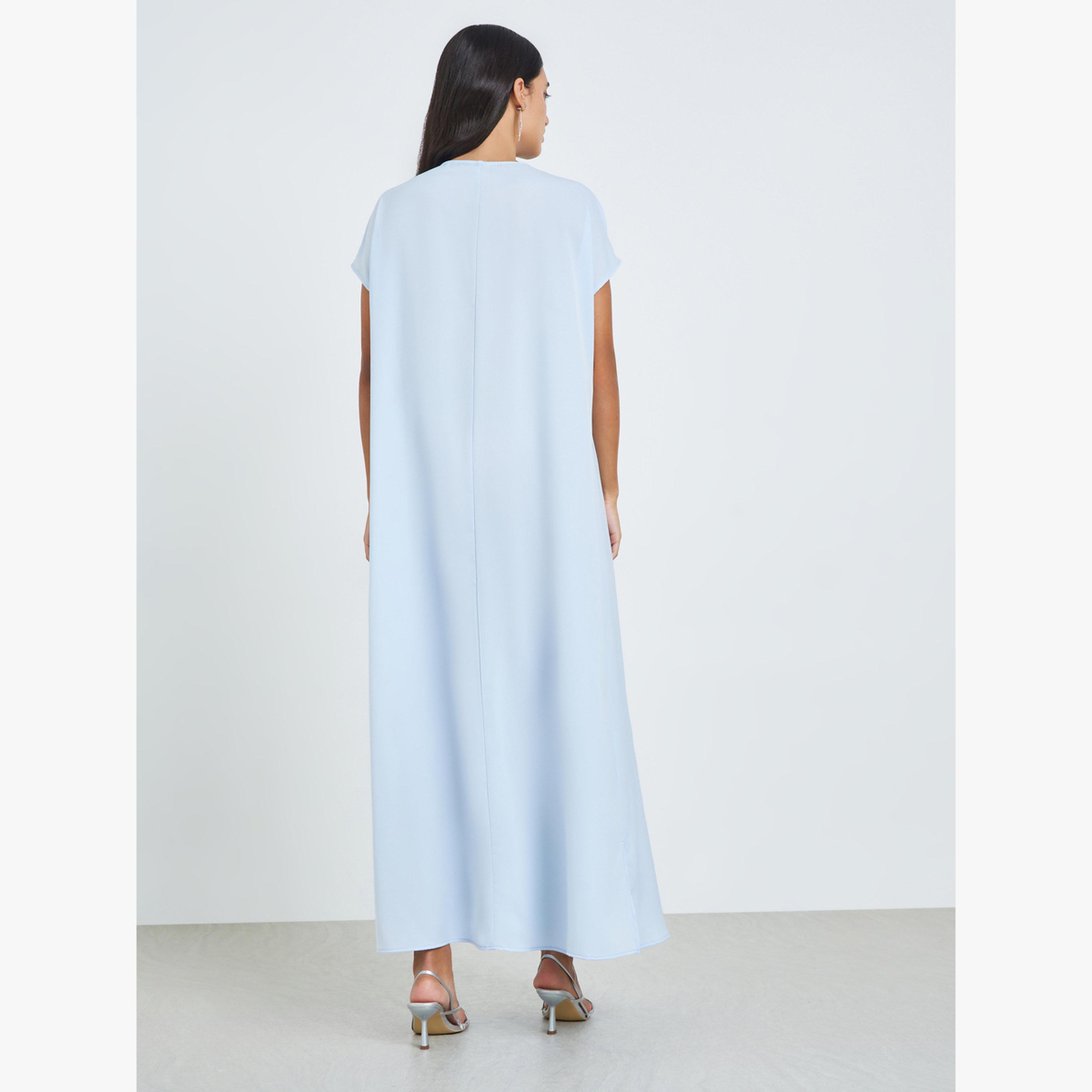 Styli Light Blue Pleated Detail A-Line Jalabiya-women-arabicclothing-jalabiyas-image-4