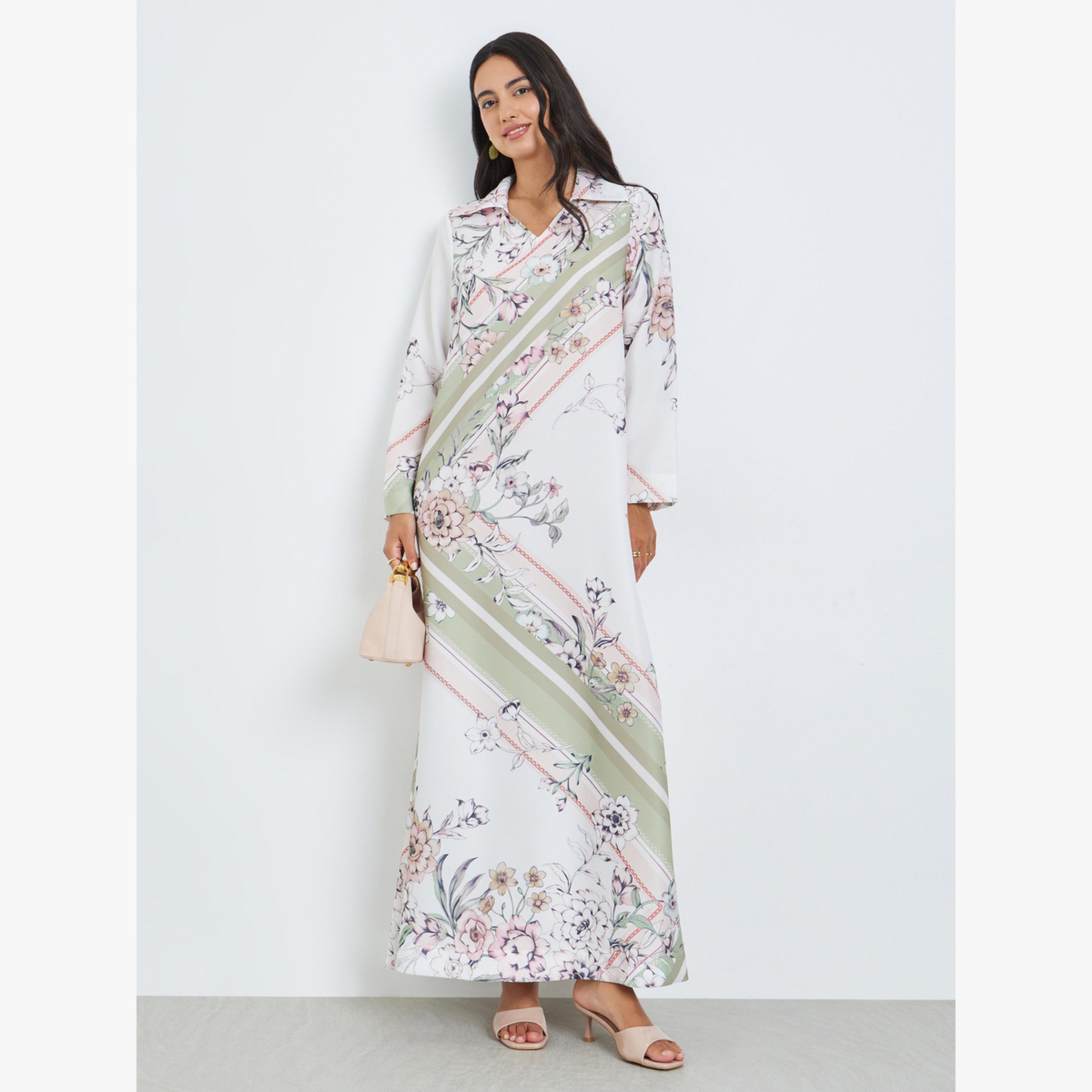 Styli Multi Open Collar Printed Jalabiya-women-arabicclothing-jalabiyas-image-1