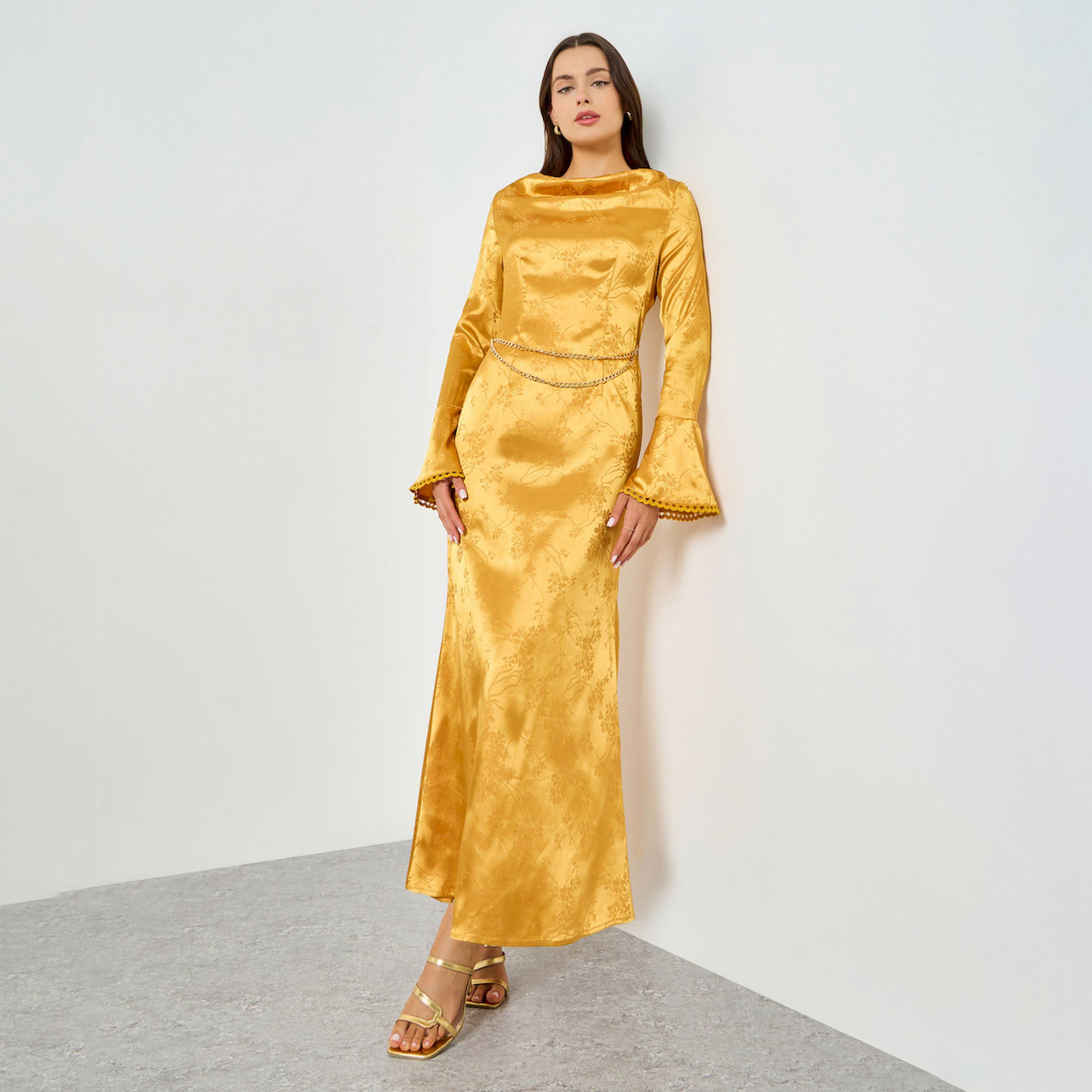 Take Two X Styli Yellow Cowl Neck Flare Sleeve Mermaid Maxi Dress-women-clothing-dresses-image-1